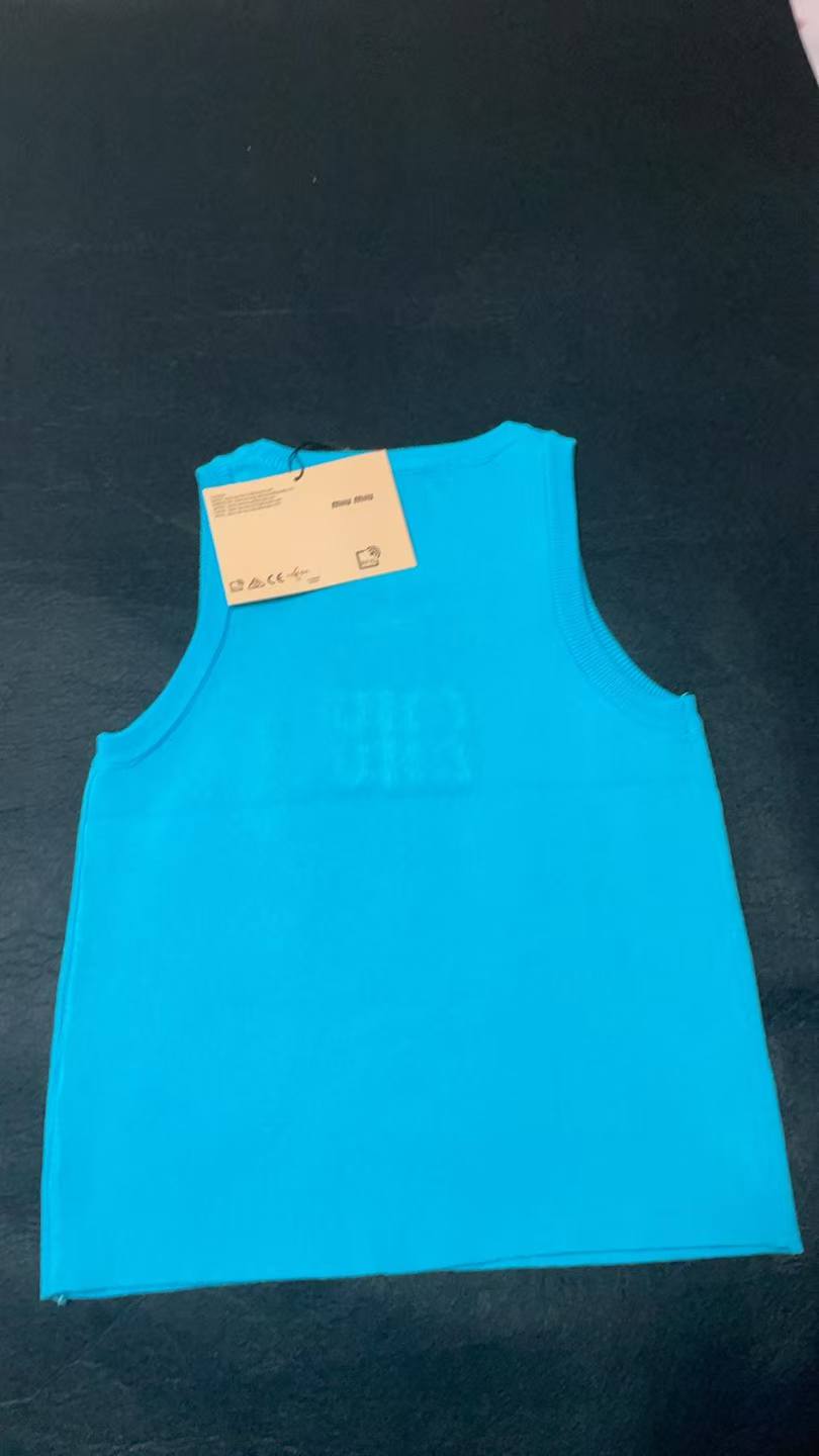 Miu Miu White Ribbed Tank Top with Blue Crysta