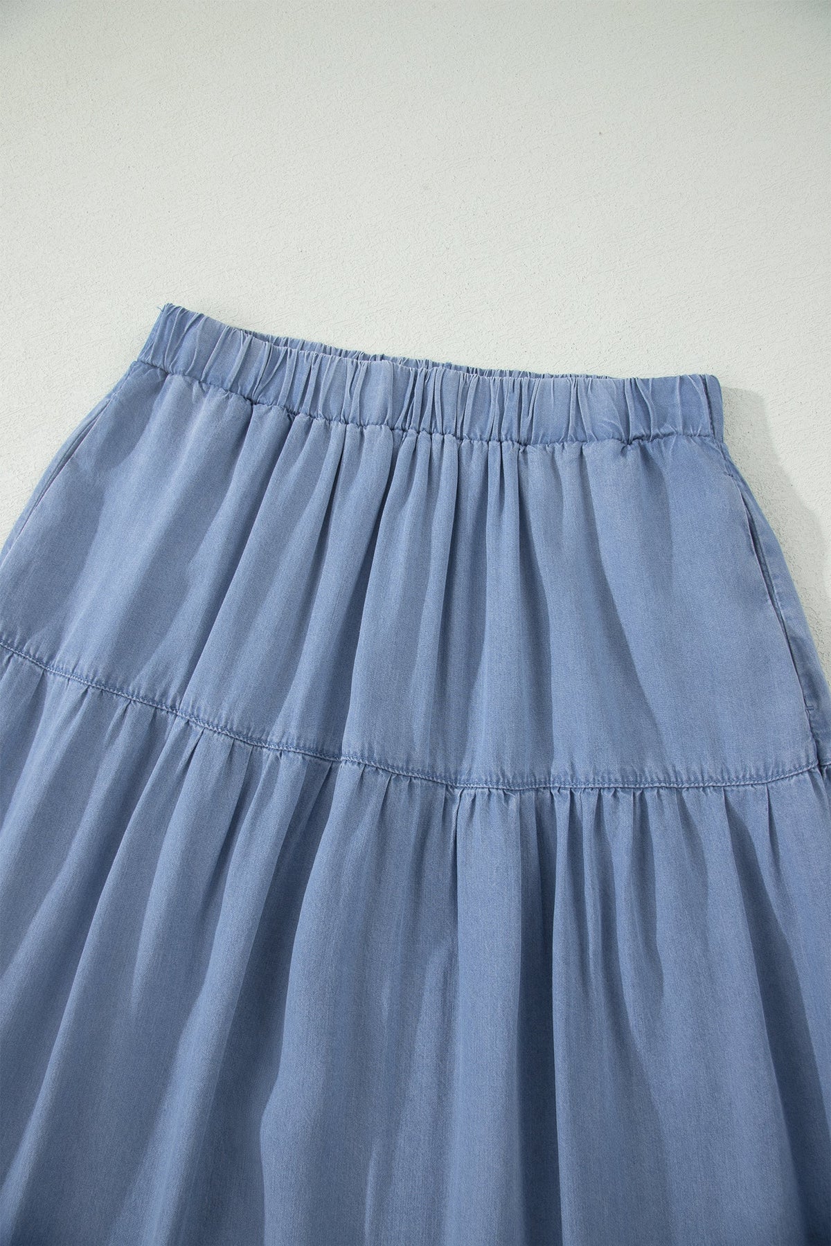 Beau Blue Elastic Waist Ruffled Tiered Flared Denim Maxi Skirt