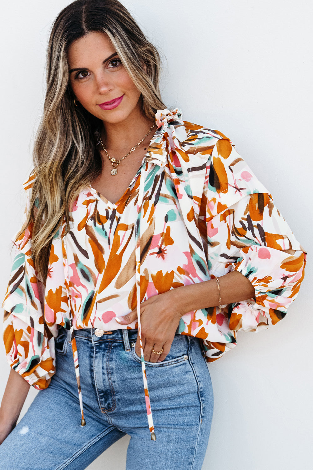 Abstract Print Drawstring 3/4 Sleeve Blouse