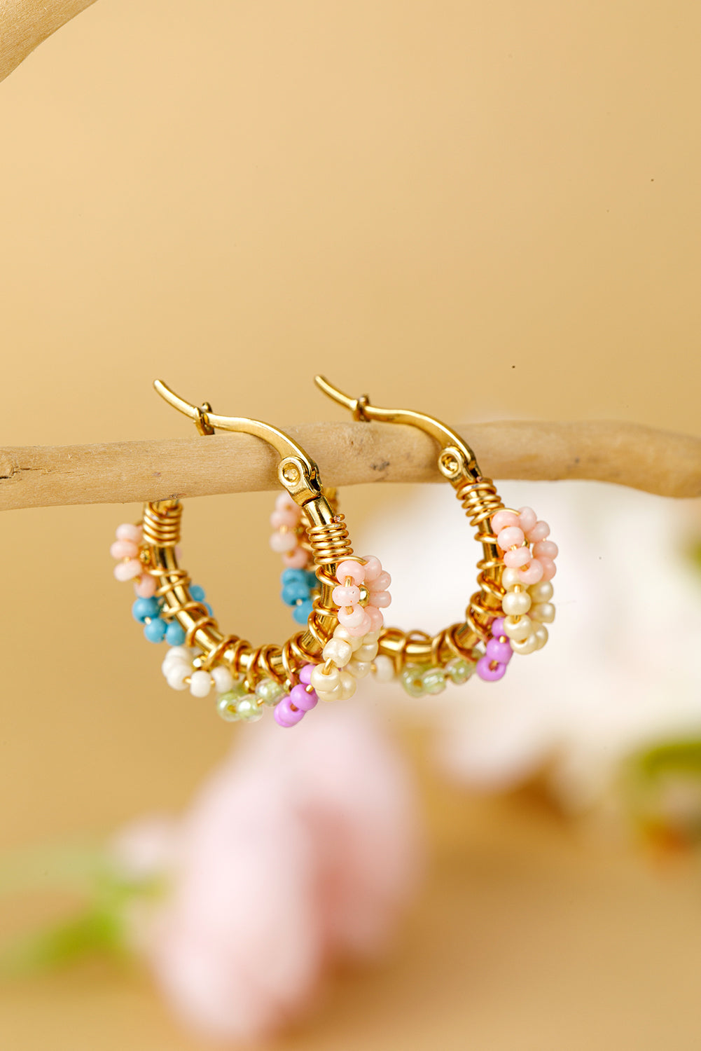Beaded Flower Hoop Alloy Earrings