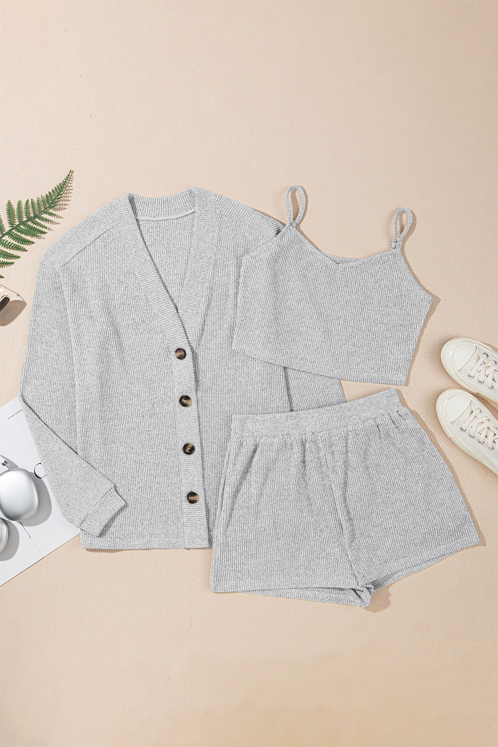 3 Pieces Rib Crop Camisole Matching Shorts Lounge Set with Cardigan
