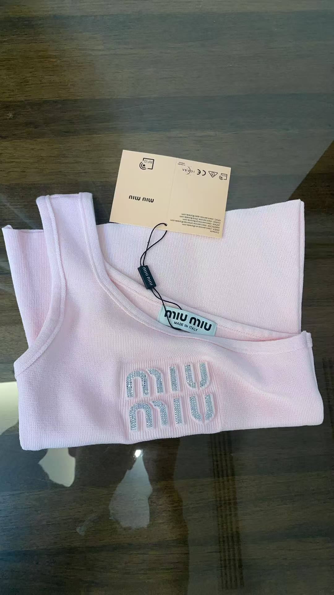 Miu Miu PINK One-Shoulder Tank Top with Crystal