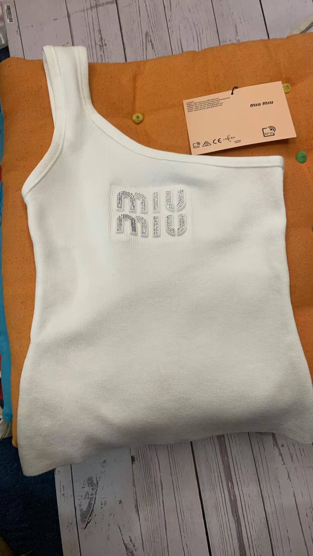 Miu Miu White One-Shoulder Tank Top with Crystal