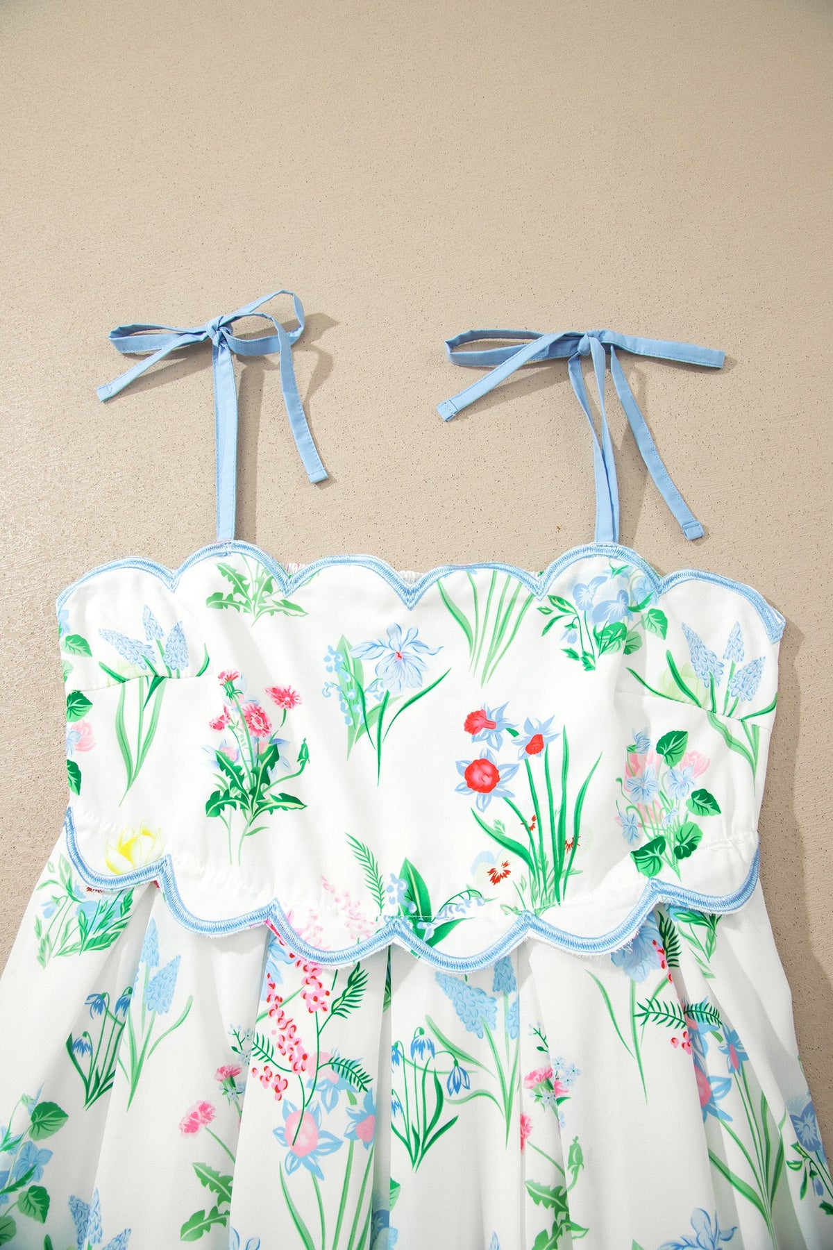 Beige Floral Print Straps High Waist Midi Dress