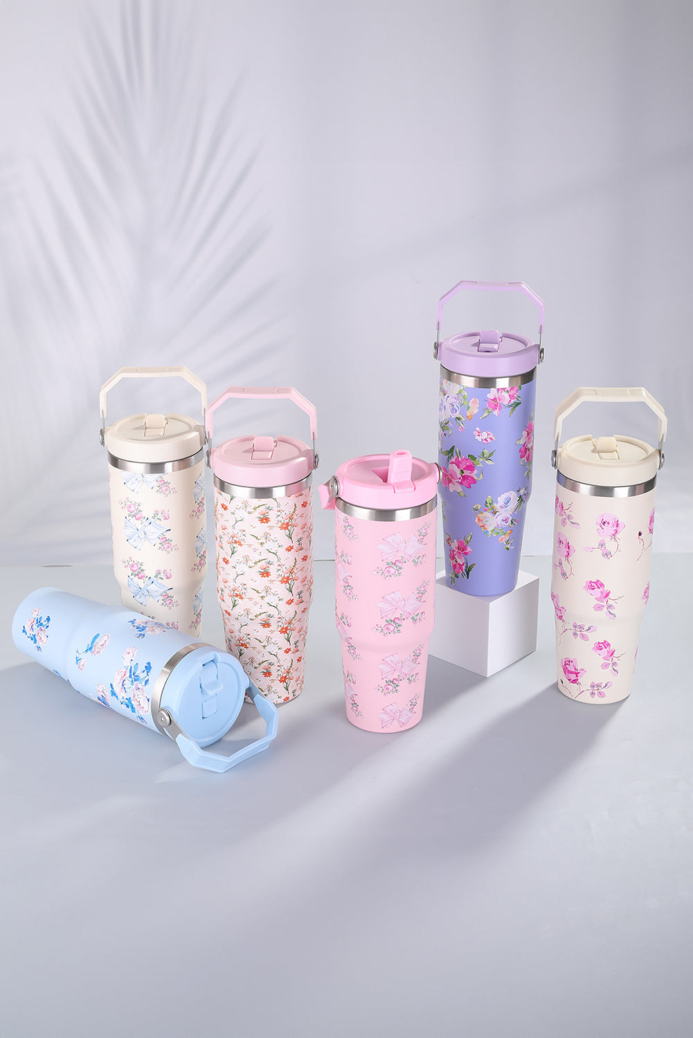30OZ Bow Floral Print Flip Handle Straw Tumbler