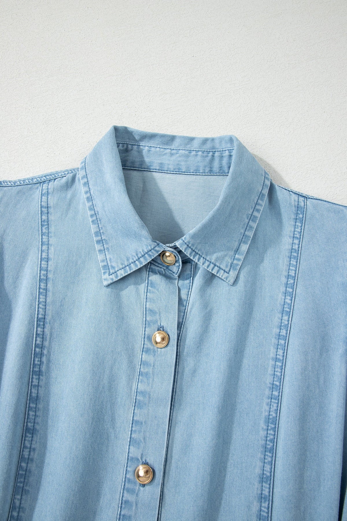 Beau Blue Full Buttons Collared Short Bubble Sleeve Long Denim Dress