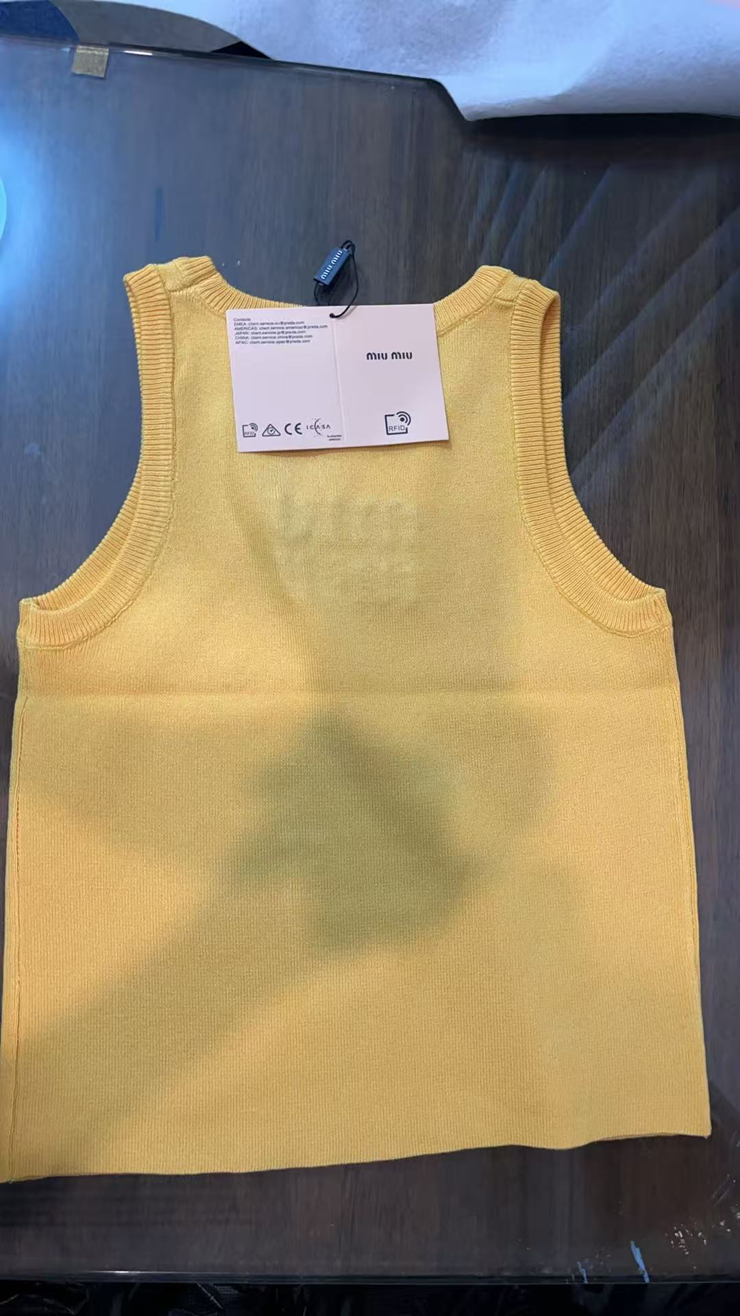Miu Miu White Ribbed Tank Top with Yellow Crysta