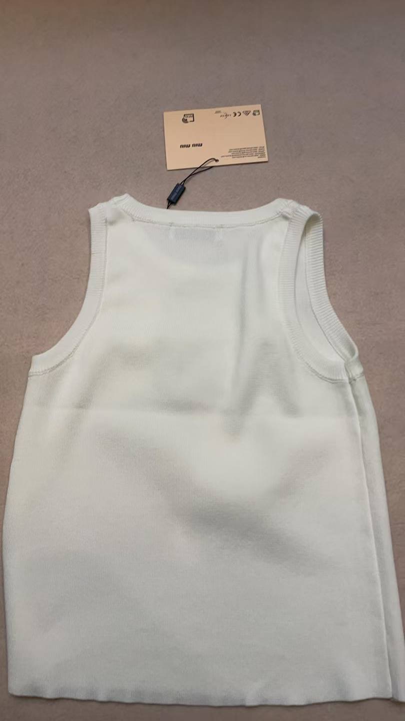 Miu Miu White Ribbed Tank Top with Gold Crystal