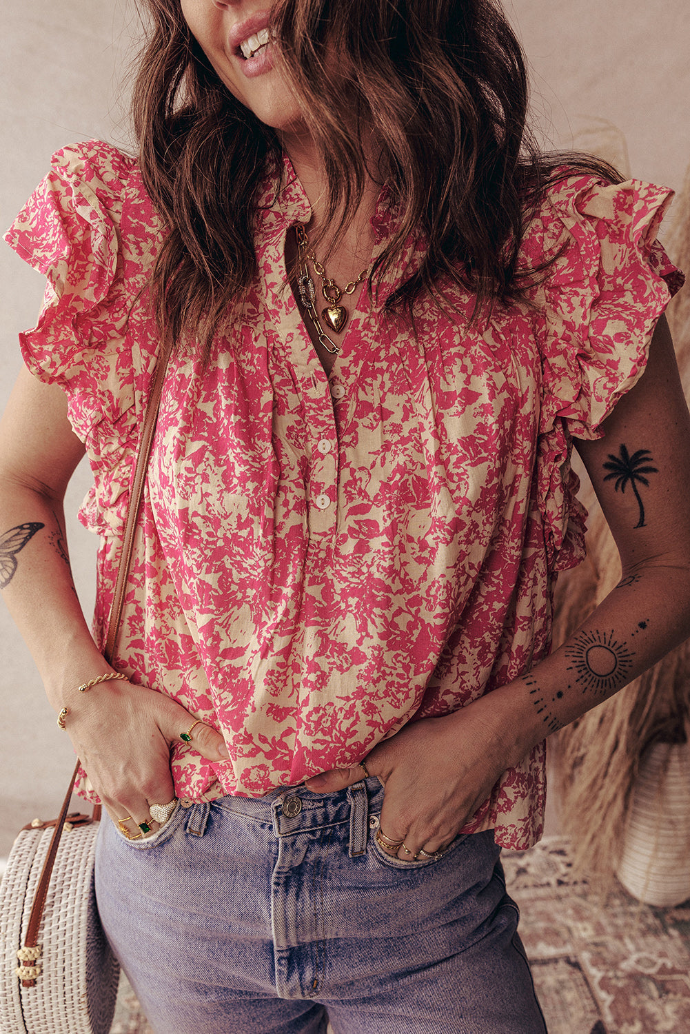 Allover Printed Half Button Neck Ruffle Sleeve Blouse