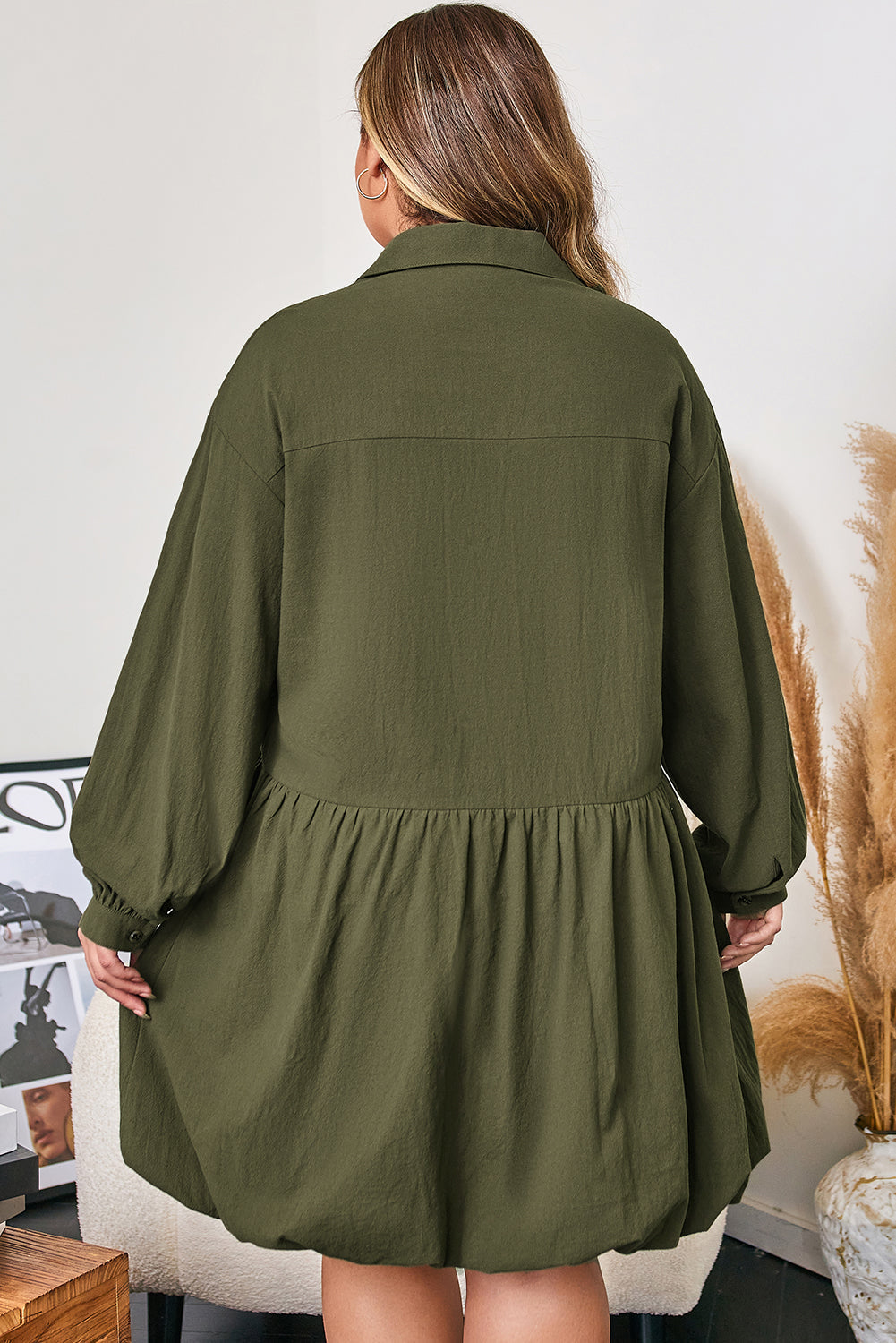 100% Cotton Green Plus Size Long Sleeve Ruffle Hem Mini Dress
