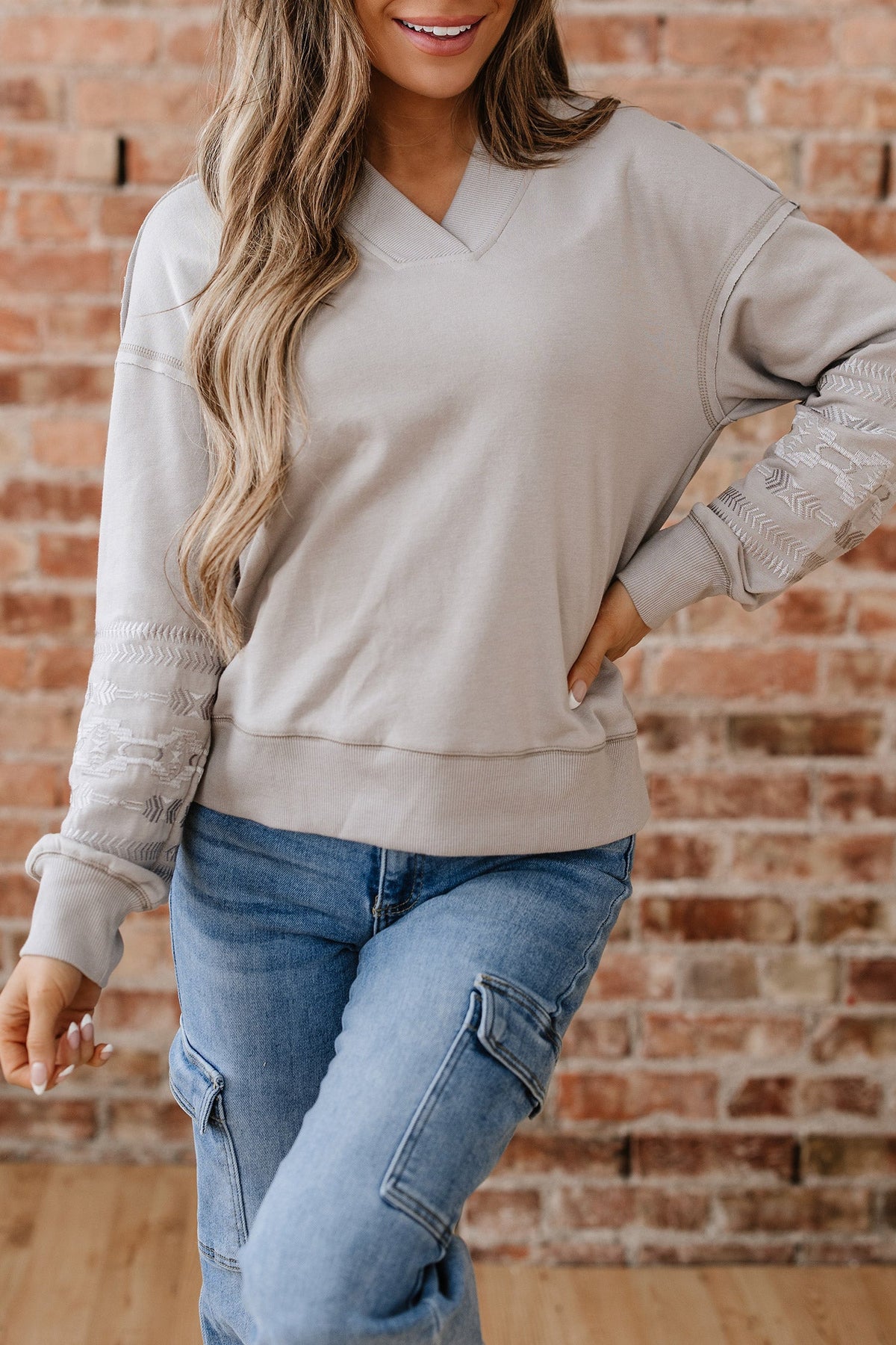 Aztec Embroidered Western V Neck Sweatshirt