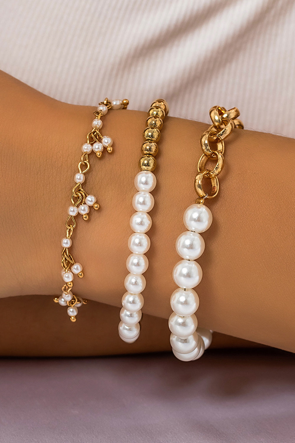 3pcs Pearl Plated Alloy Beaded Bracelet Set