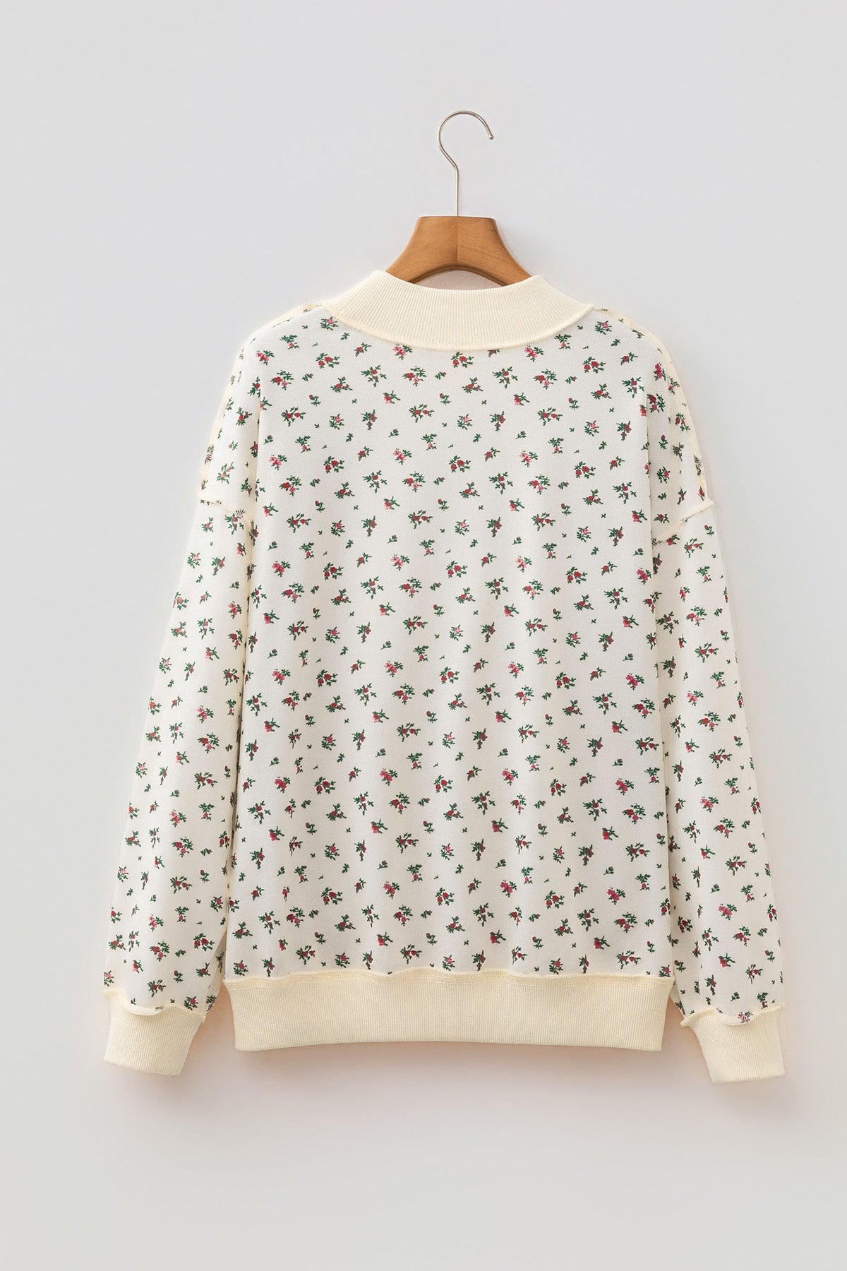 Beige Ribbed High Neck Floral Print Baggy Pullover Sweatshirt
