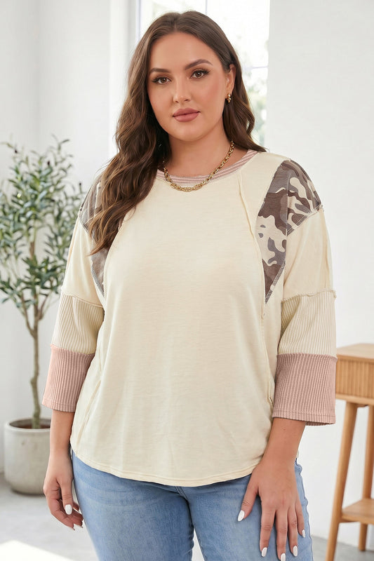 Apricot Camouflage Round Neck Loose Fit Plus Size Blouse