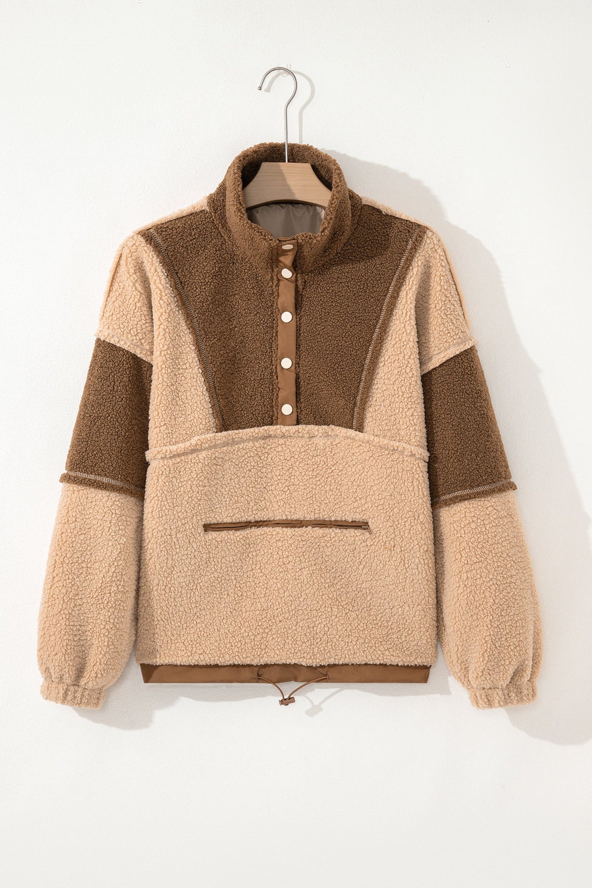 2-tone Color Block Patchwork Half Button Sherpa Sweatshirt