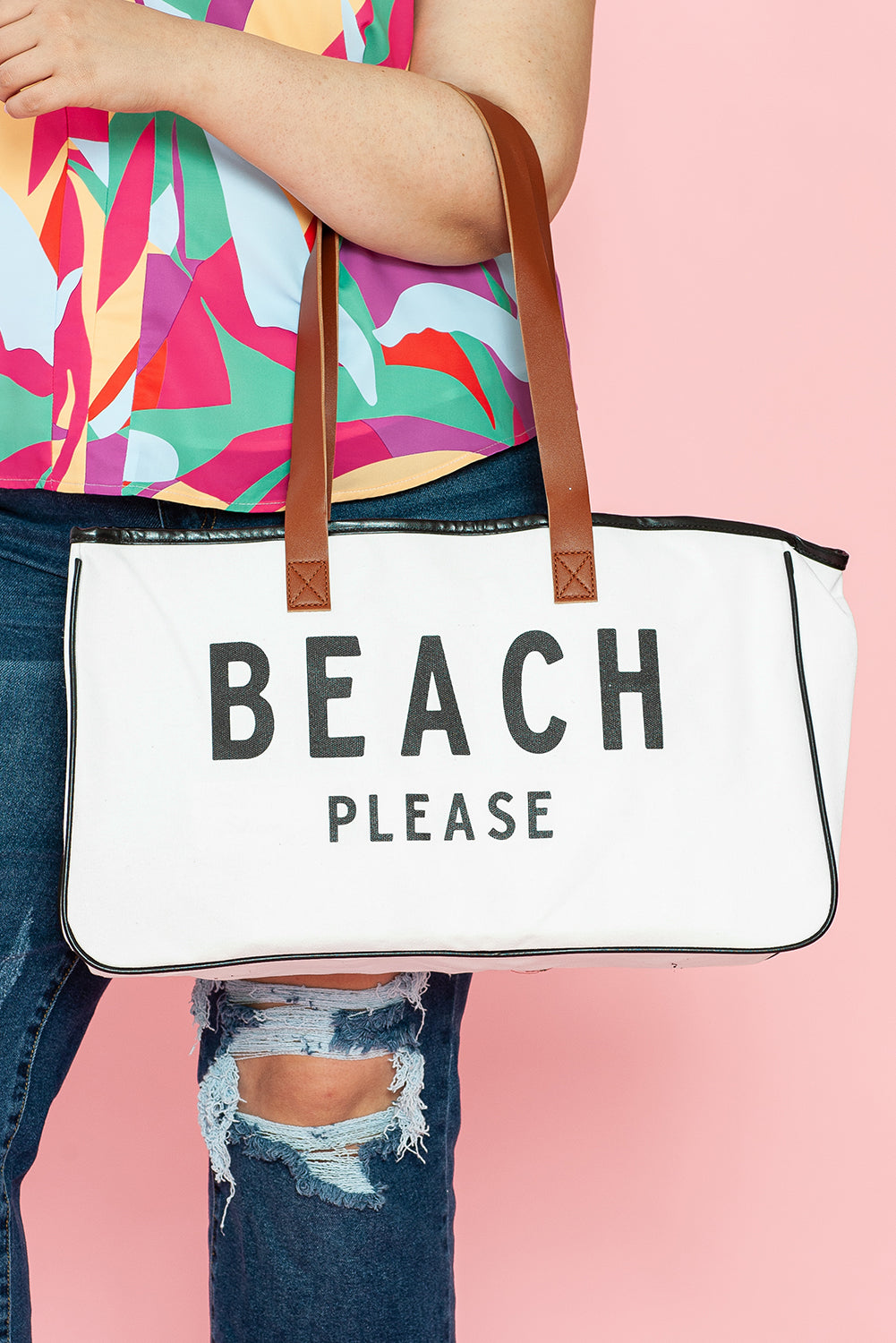 BEACH PLEASE Print Large Canvas Tote Bag