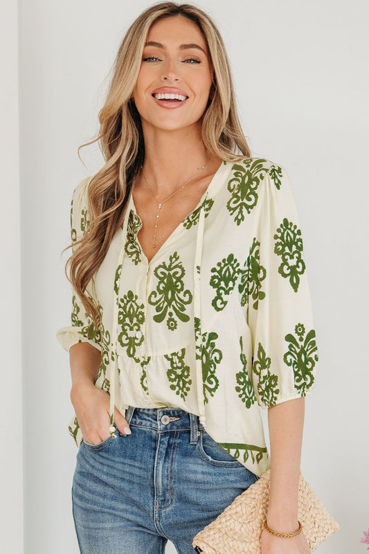 Apricot Floral Print Tie V Neck Puffy Half Sleeve Shirt