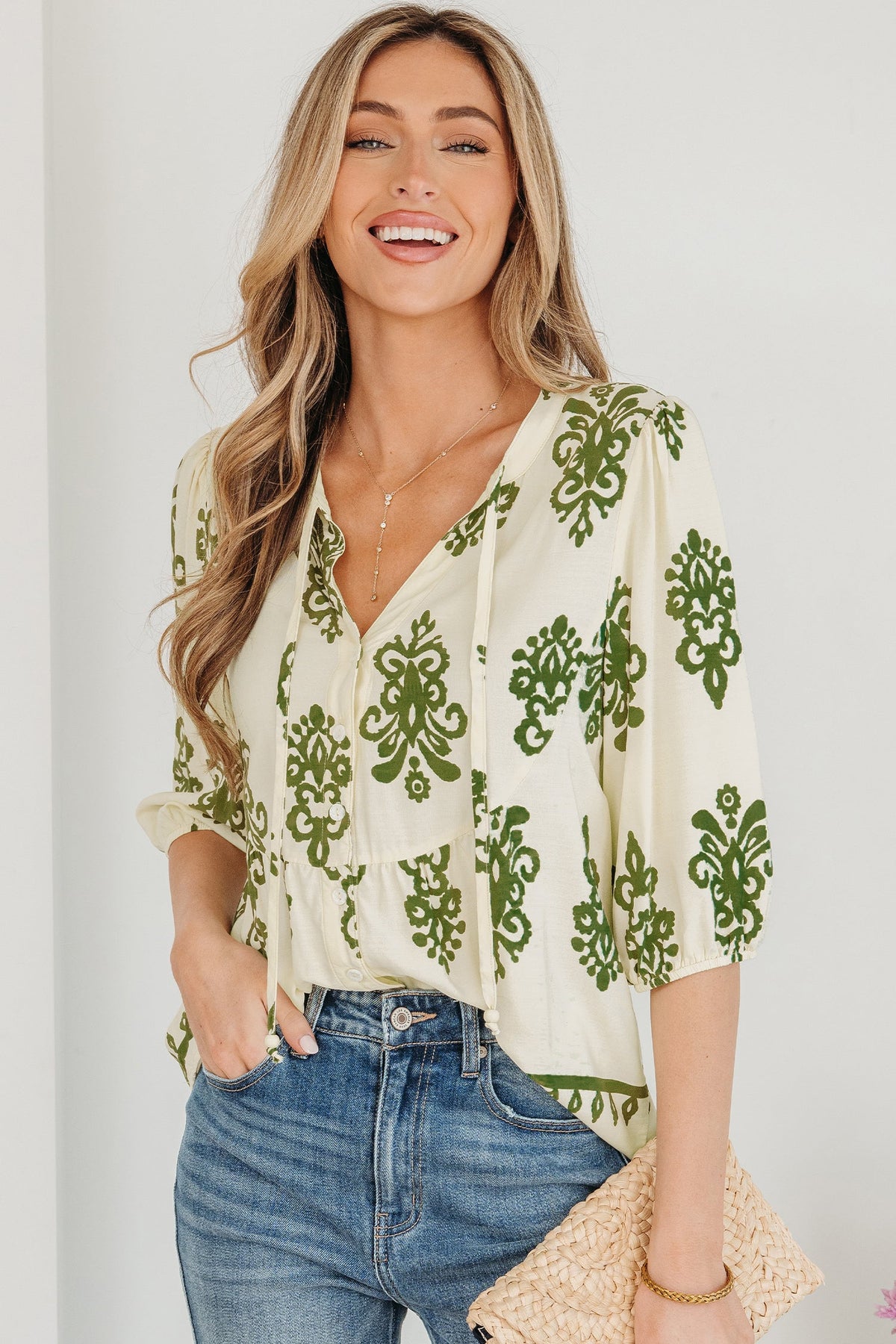 Apricot Floral Print Tie V Neck Puffy Half Sleeve Shirt