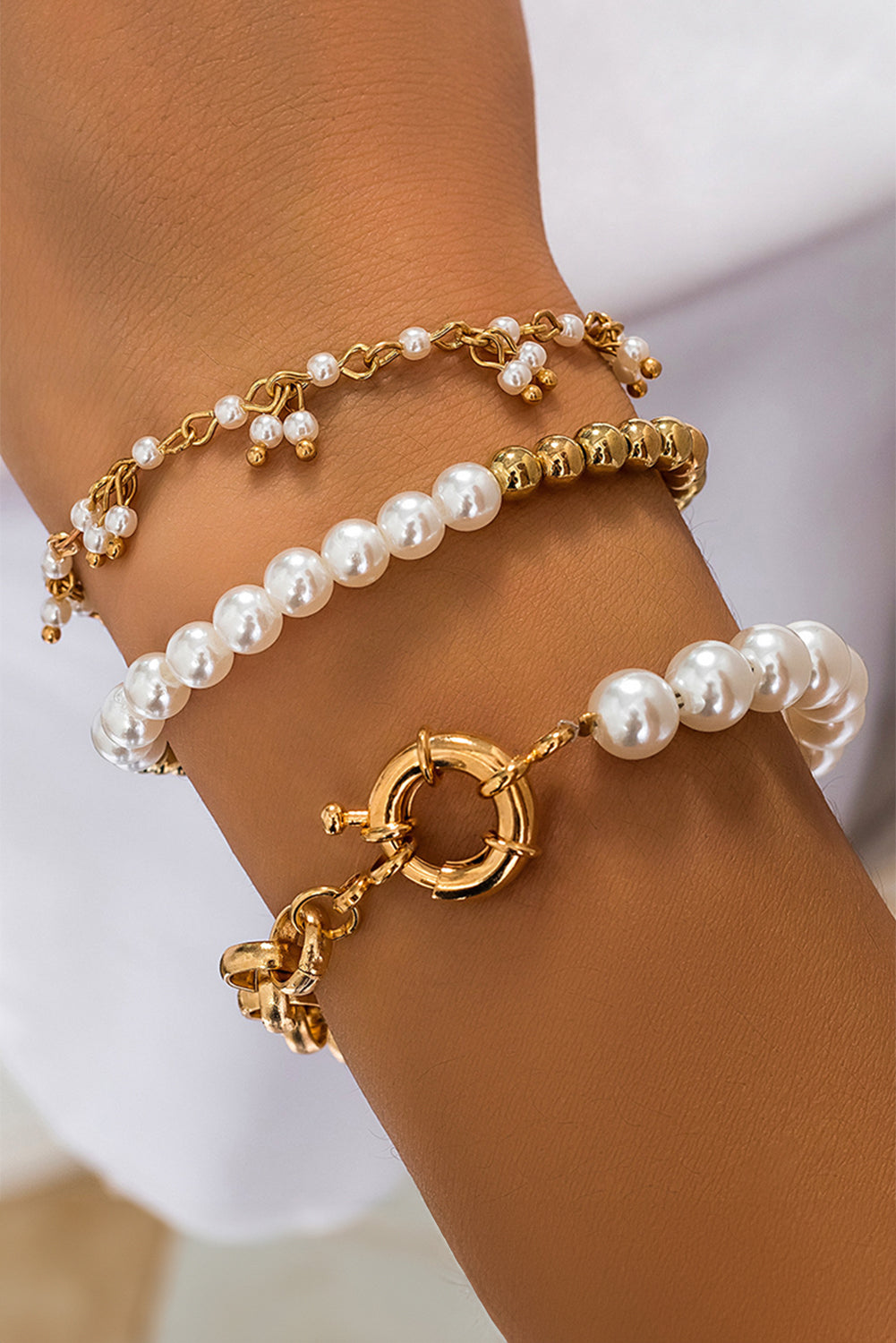 3pcs Pearl Plated Alloy Beaded Bracelet Set