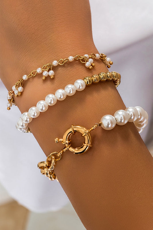 3pcs Pearl Plated Alloy Beaded Bracelet Set