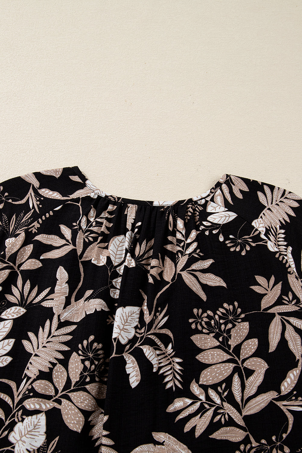 3/4 Sleeve Botanical Print Split Neck Loose Mini Dress