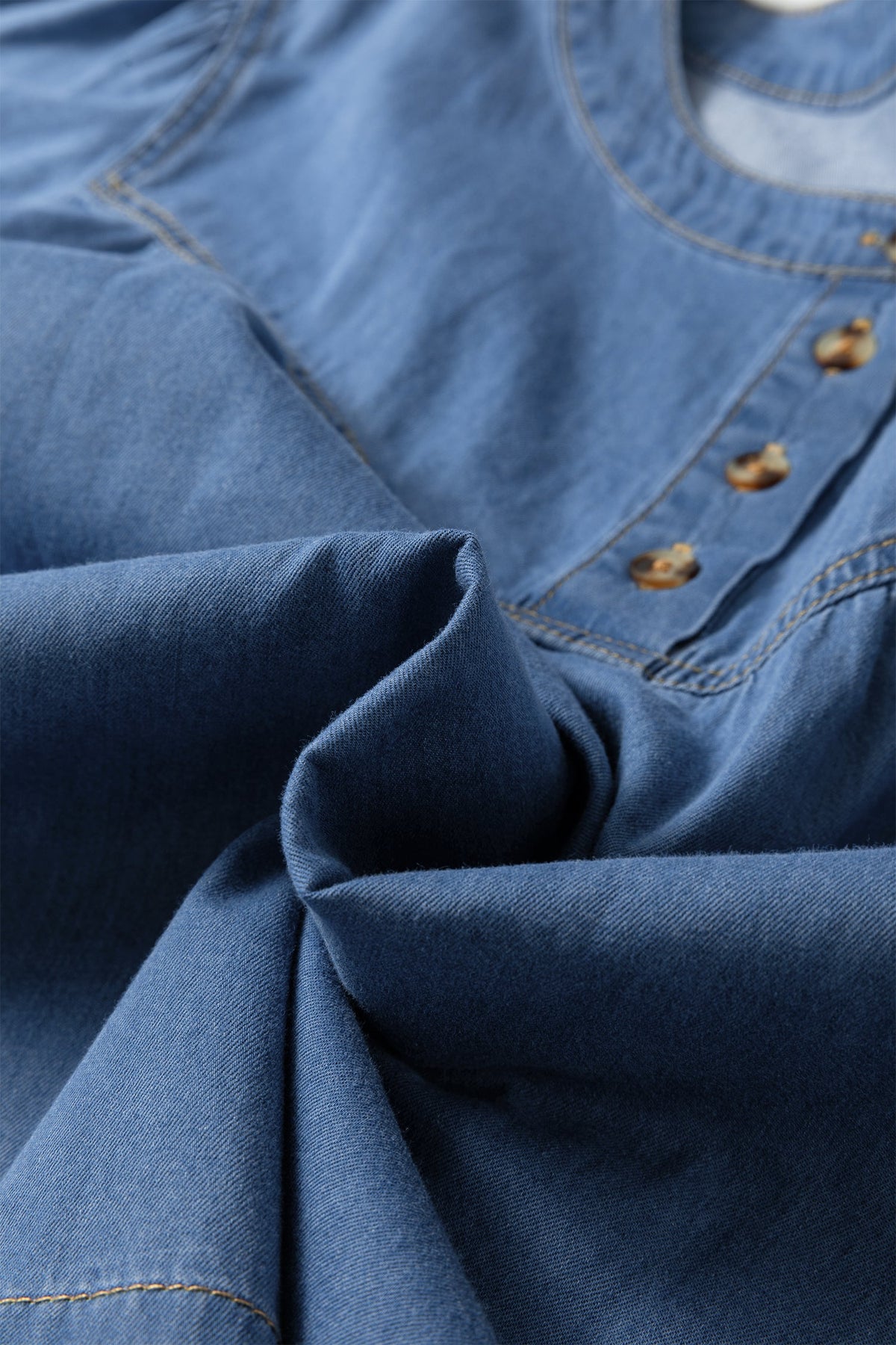 Beau Blue Seam Pleated Detail Short Sleeve Denim Top