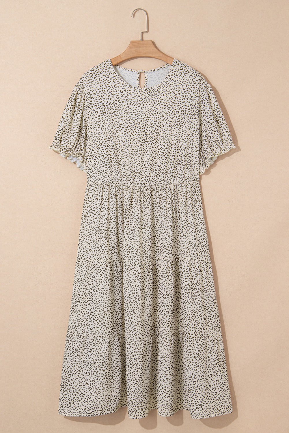 Beige Plus Size Leopard Print Short Sleeve Flared Dress