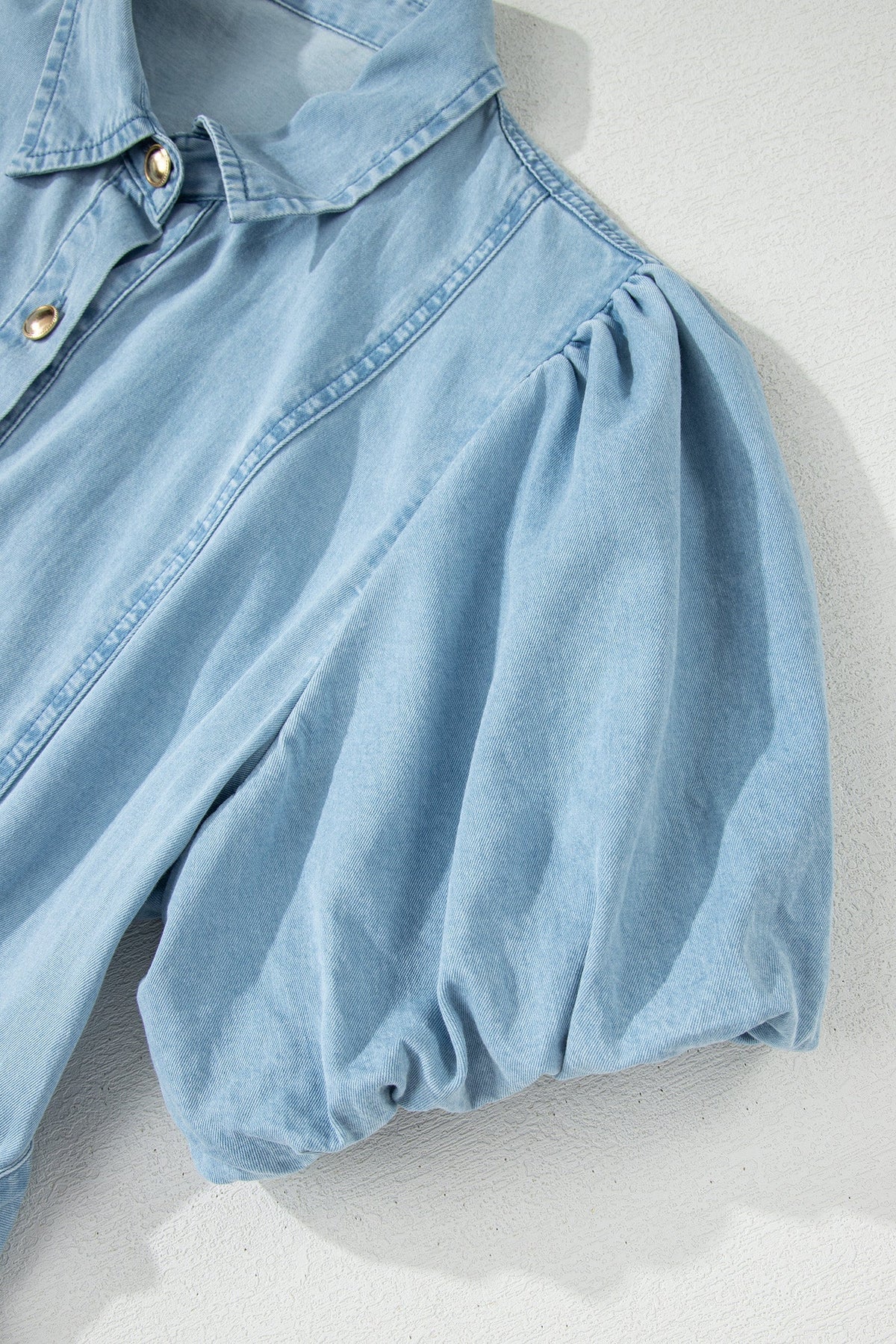 Beau Blue Full Buttons Collared Short Bubble Sleeve Long Denim Dress
