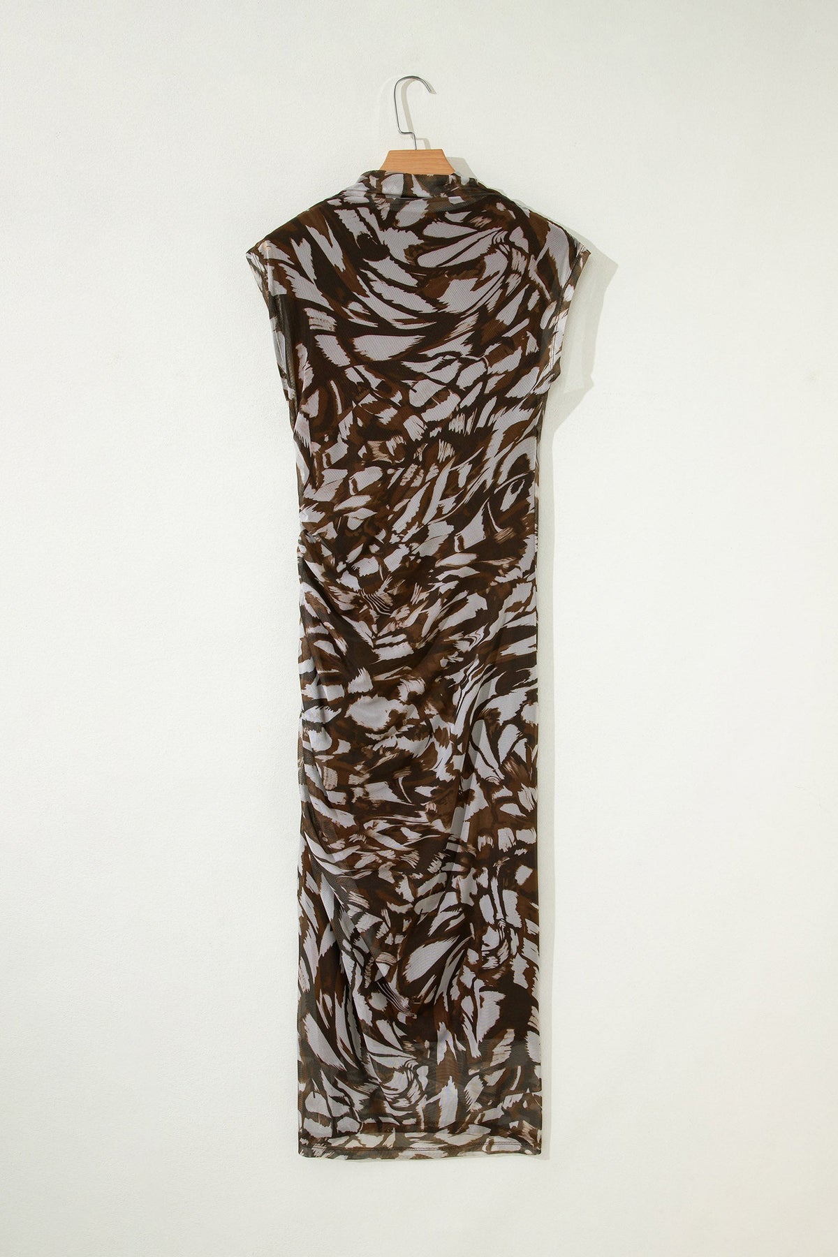 Abstract Print Mesh Cowl Neck Cap Sleeve Ruched Midi Dress with Slit