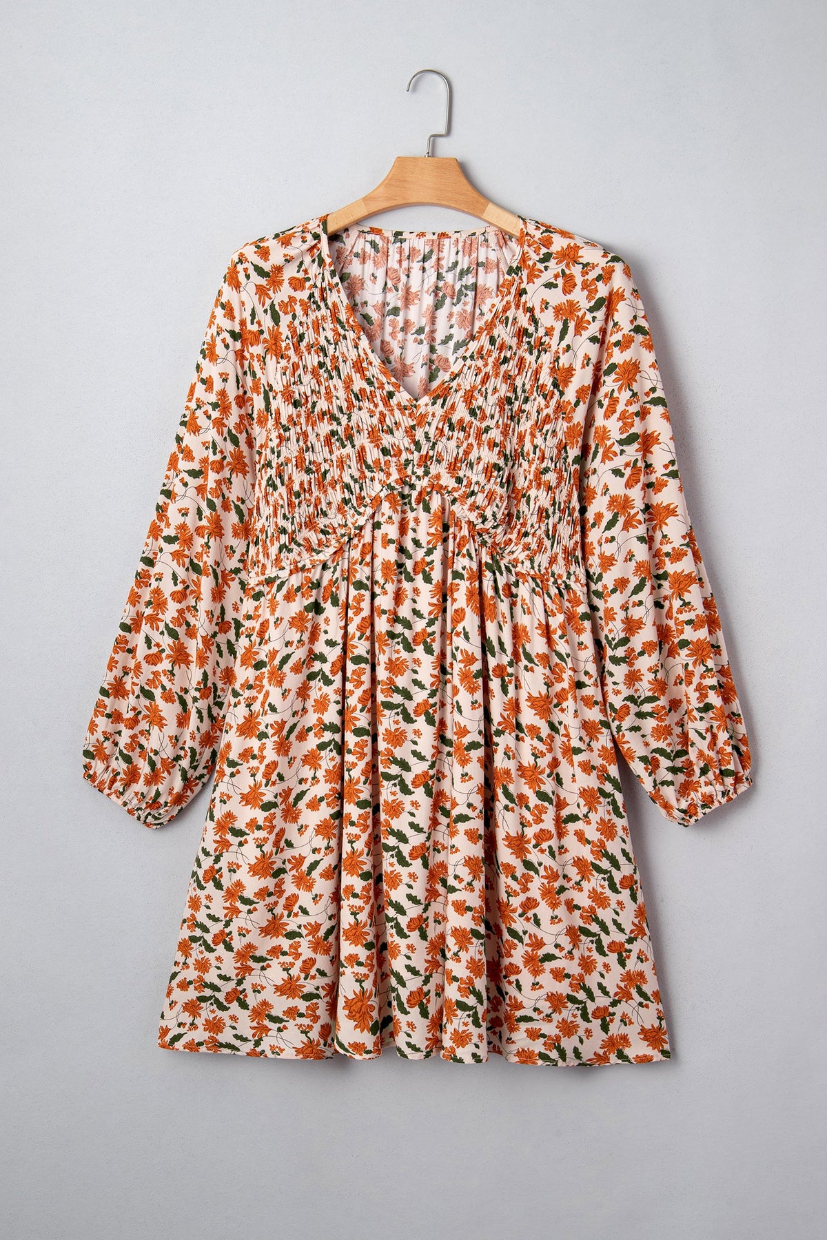 Beige Plus Size Floral Print Long Sleeve Babydoll Short Dress