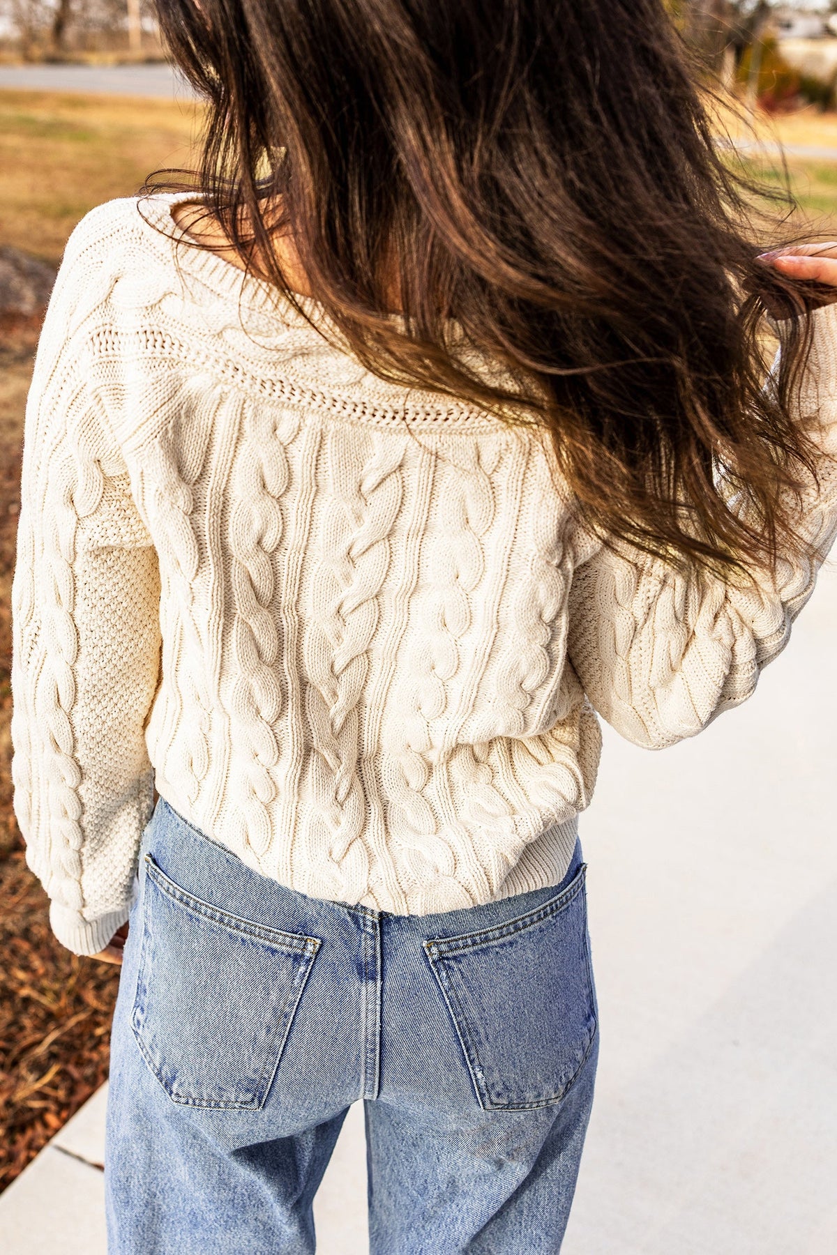 Beige Drop Shoulder Round Neck Cable Knit Sweater