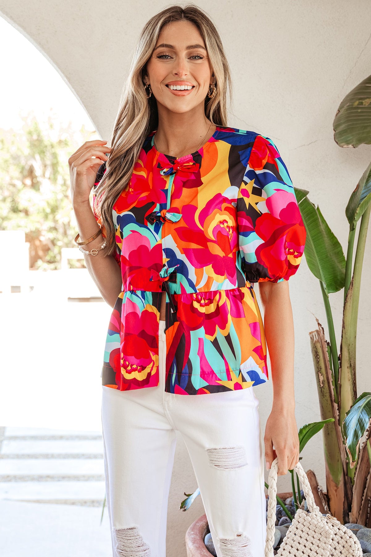 Abstract Floral Print Front Tied Puff Sleeve Babydoll Blouse