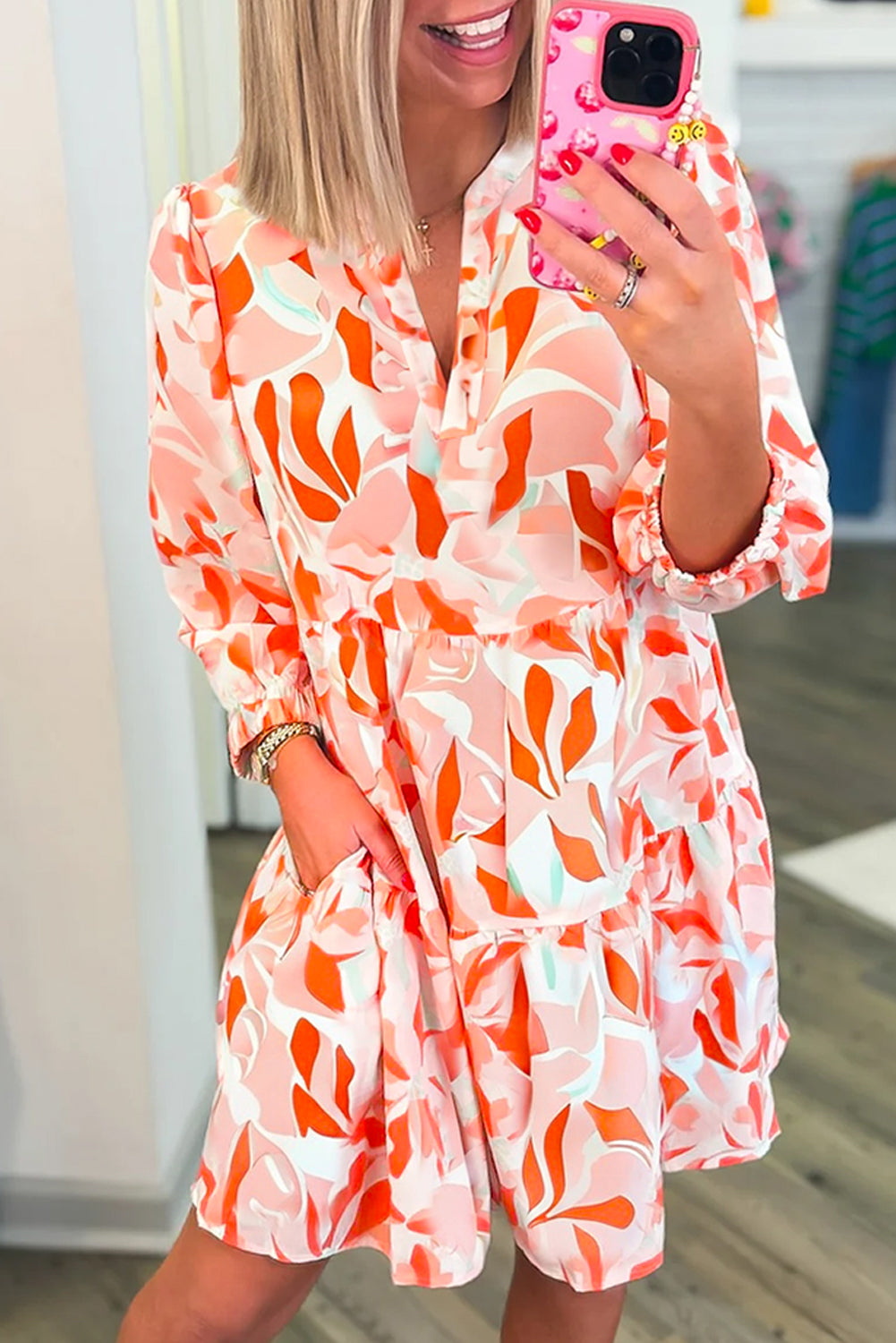 Abstract Print Split Neck Long Sleeve Dress