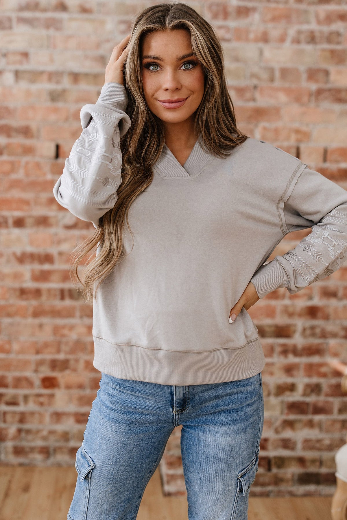 Aztec Embroidered Western V Neck Sweatshirt