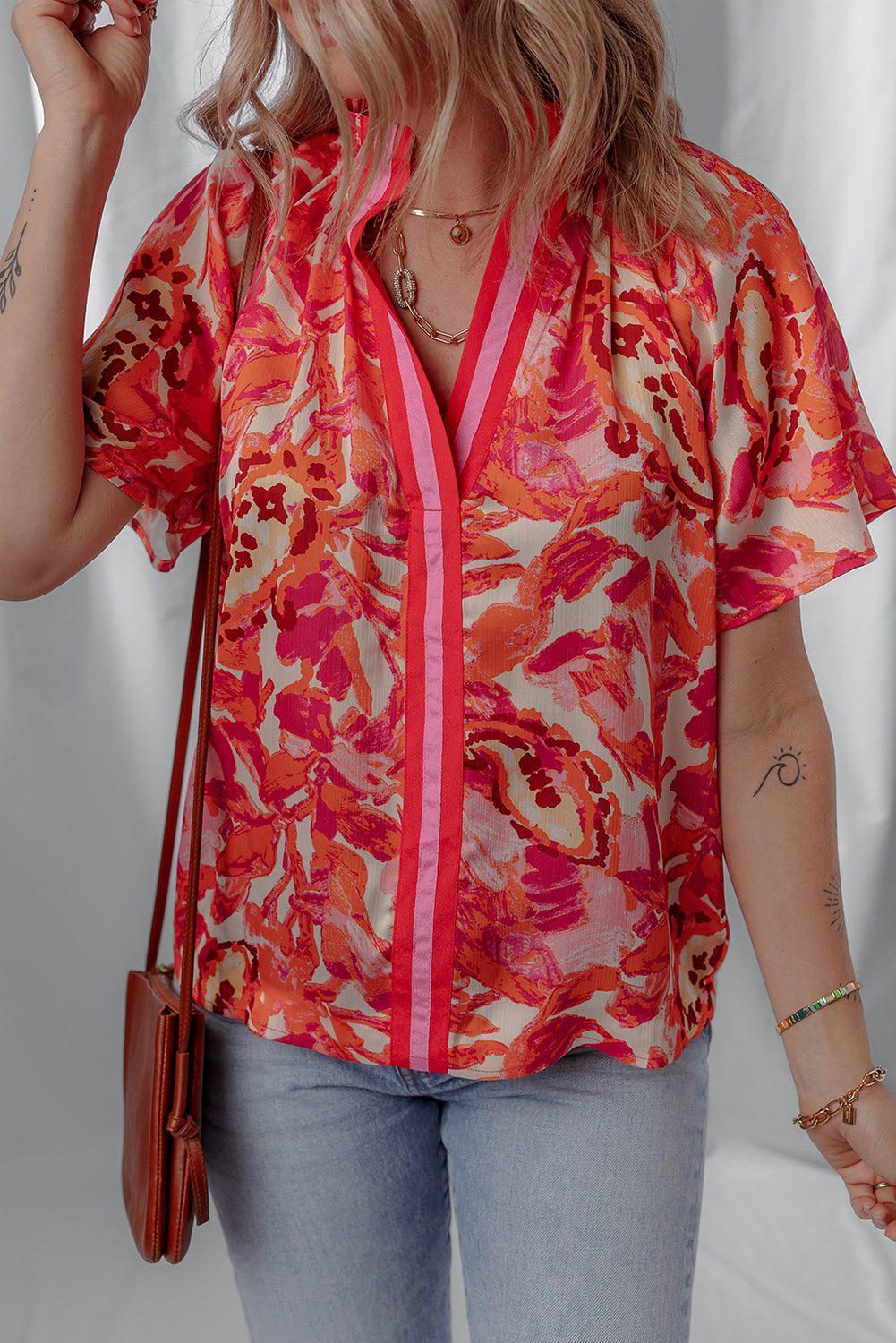 Abstract Print Striped Trim Split Neck Blouse