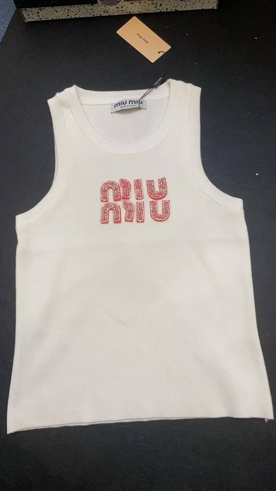 Miu Miu White Ribbed Tank Top with Pink Crystal
