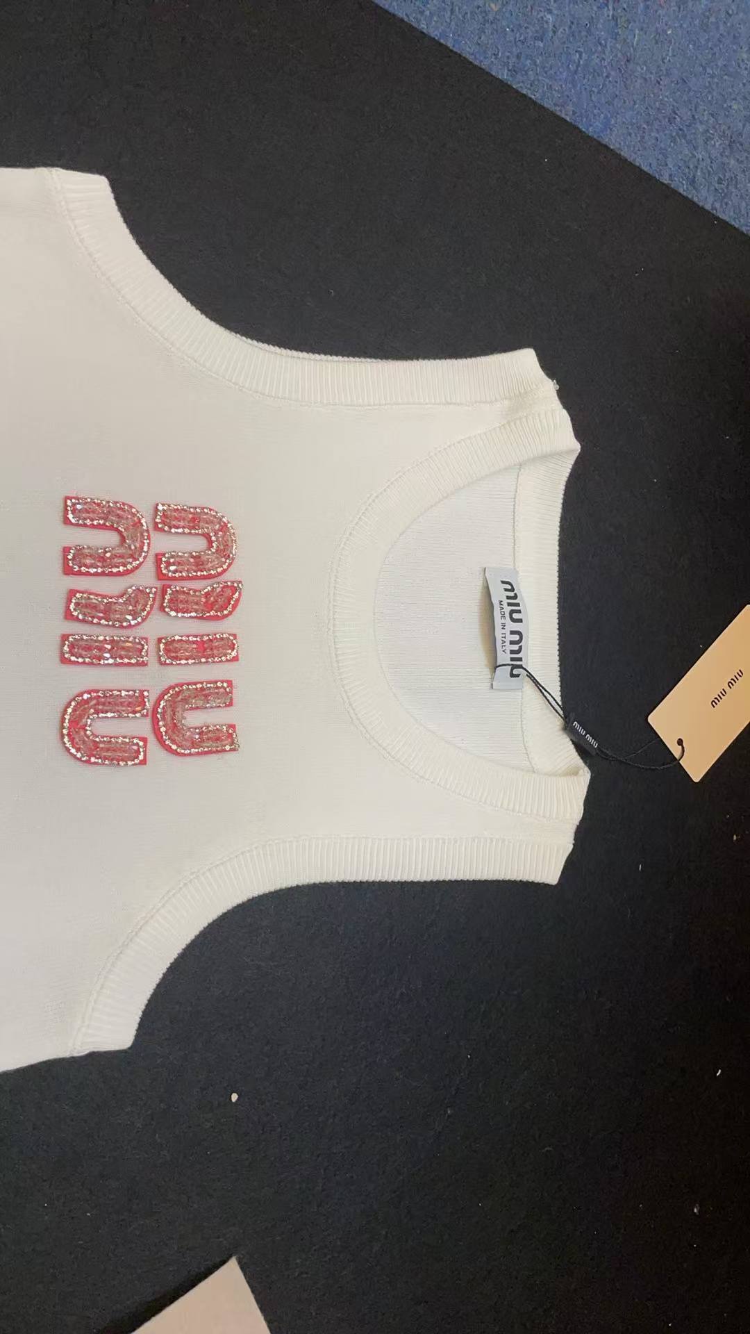 Miu Miu White Ribbed Tank Top with Pink Crystal