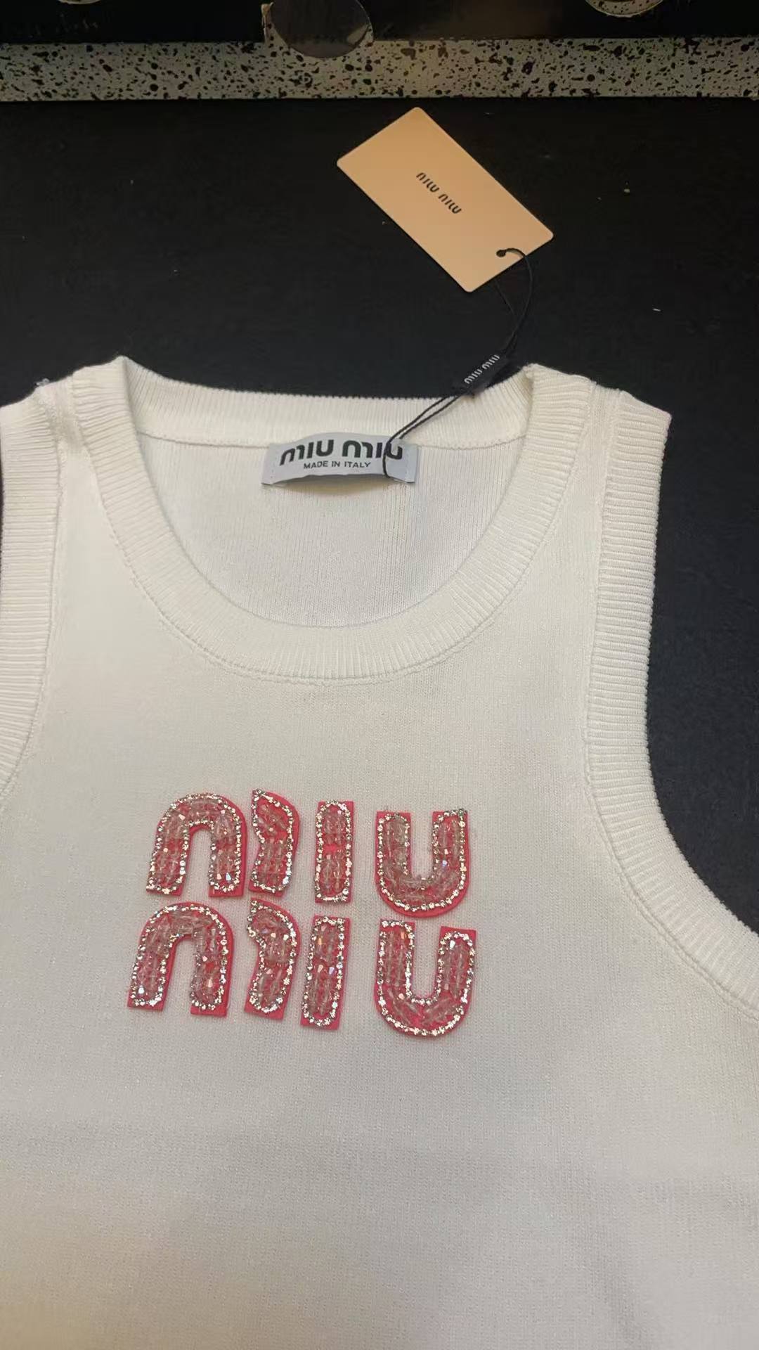 Miu Miu White Ribbed Tank Top with Pink Crystal