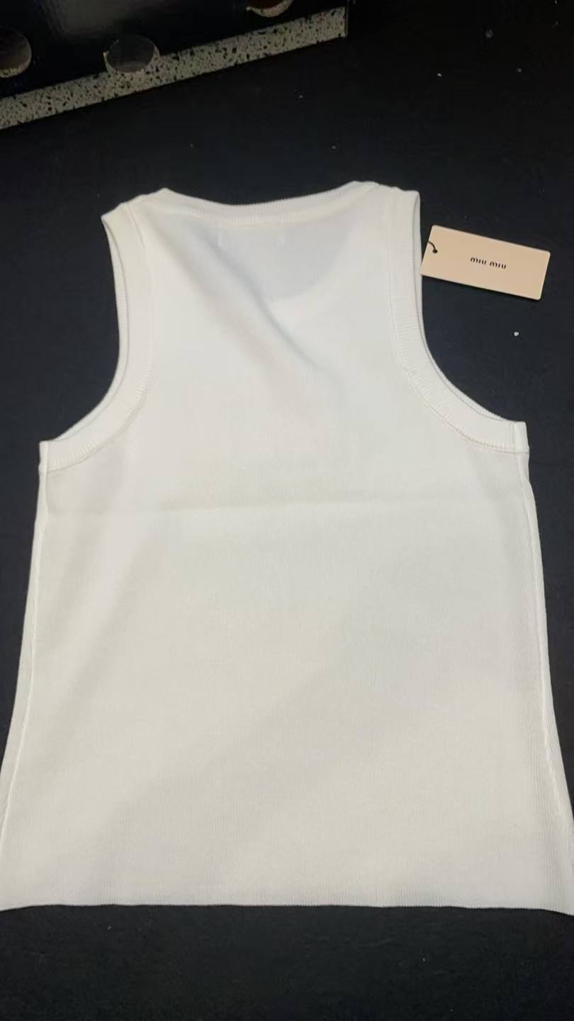 Miu Miu White Ribbed Tank Top with Pink Crystal
