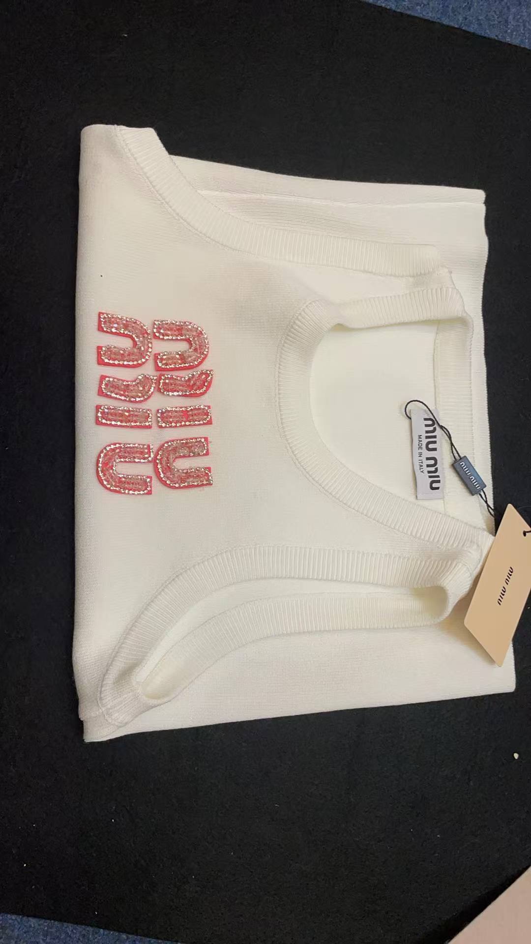Miu Miu White Ribbed Tank Top with Pink Crystal