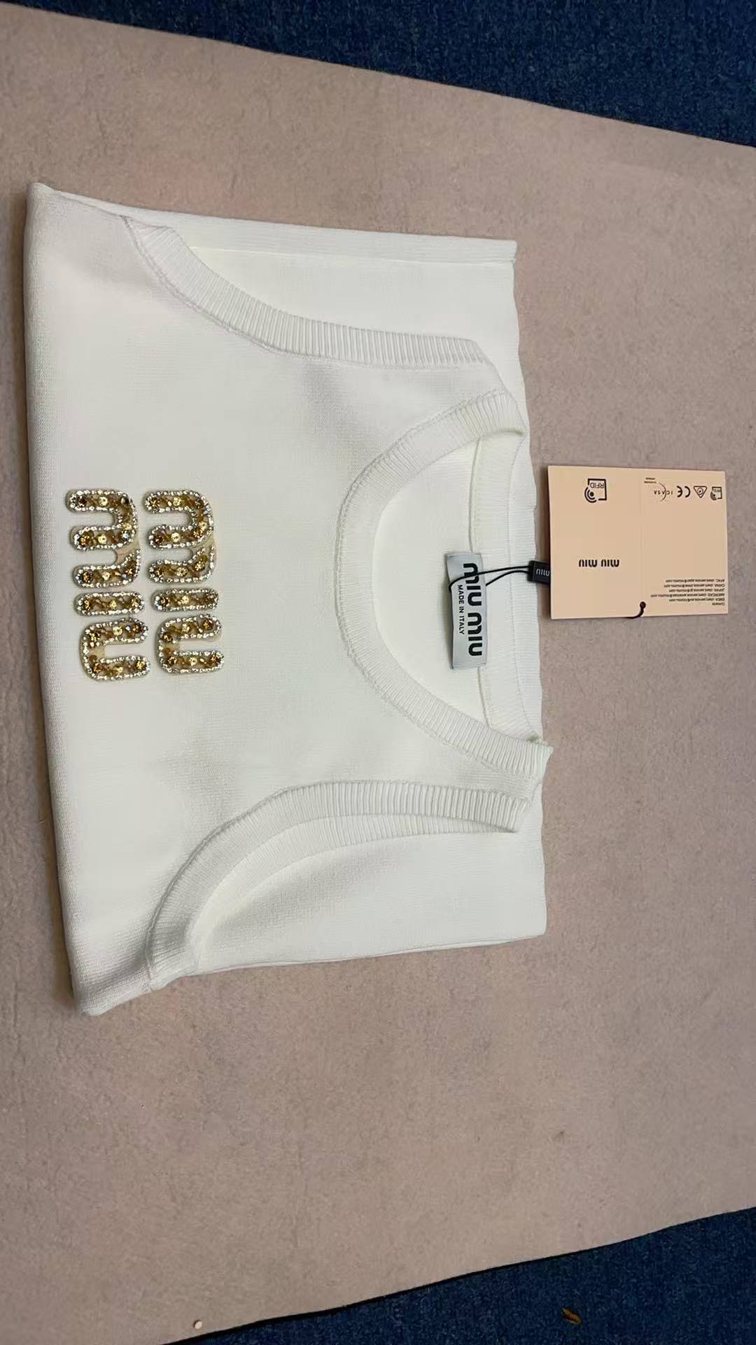 Miu Miu White Ribbed Tank Top with Gold Crystal