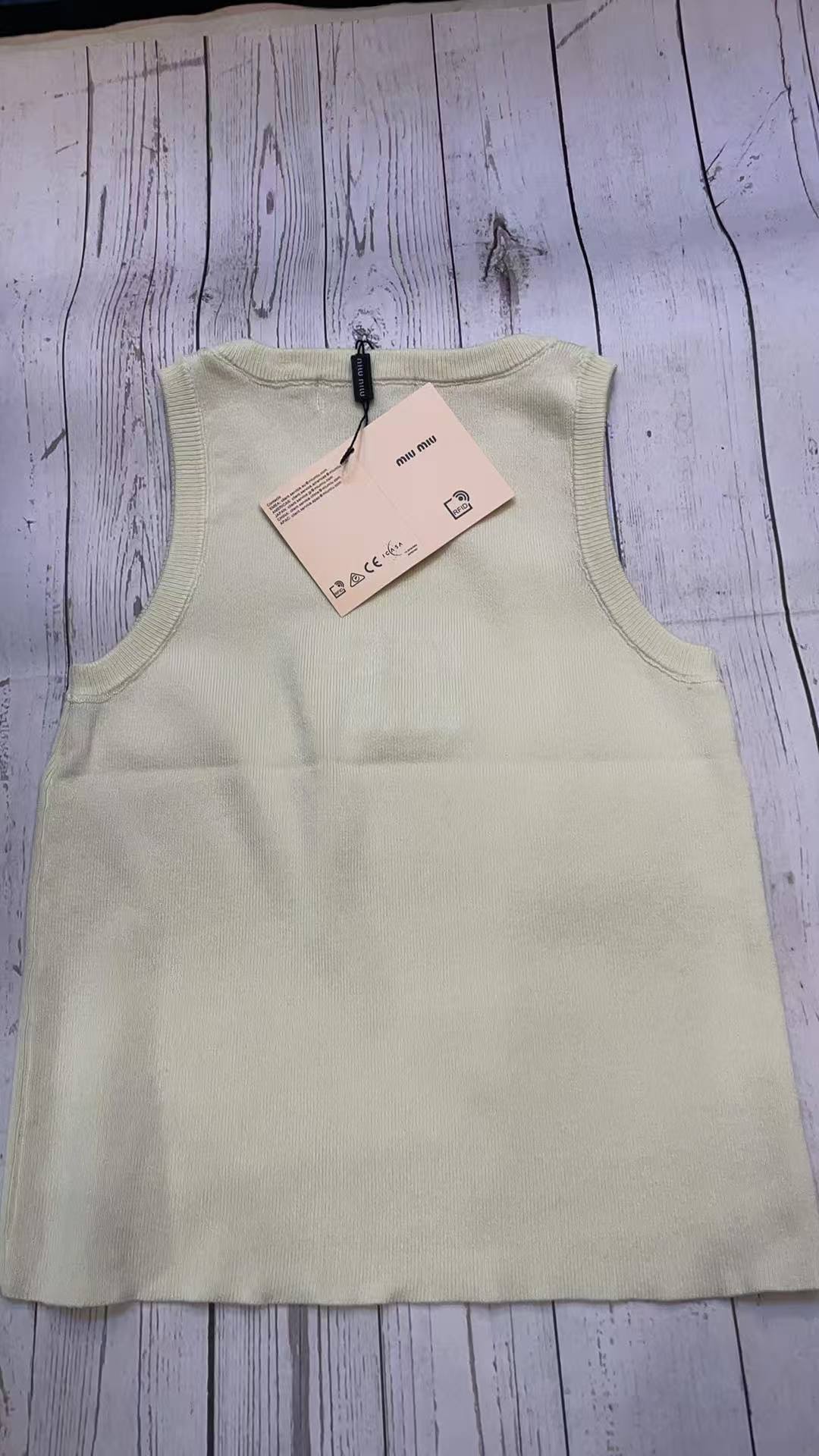 Miu Miu White Ribbed Tank Top with Res Crysta