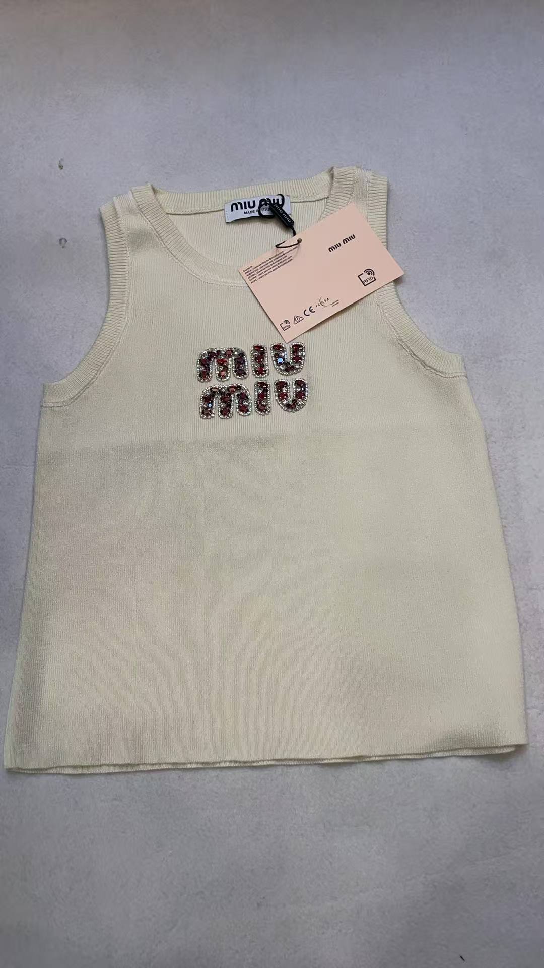 Miu Miu White Ribbed Tank Top with Res Crysta