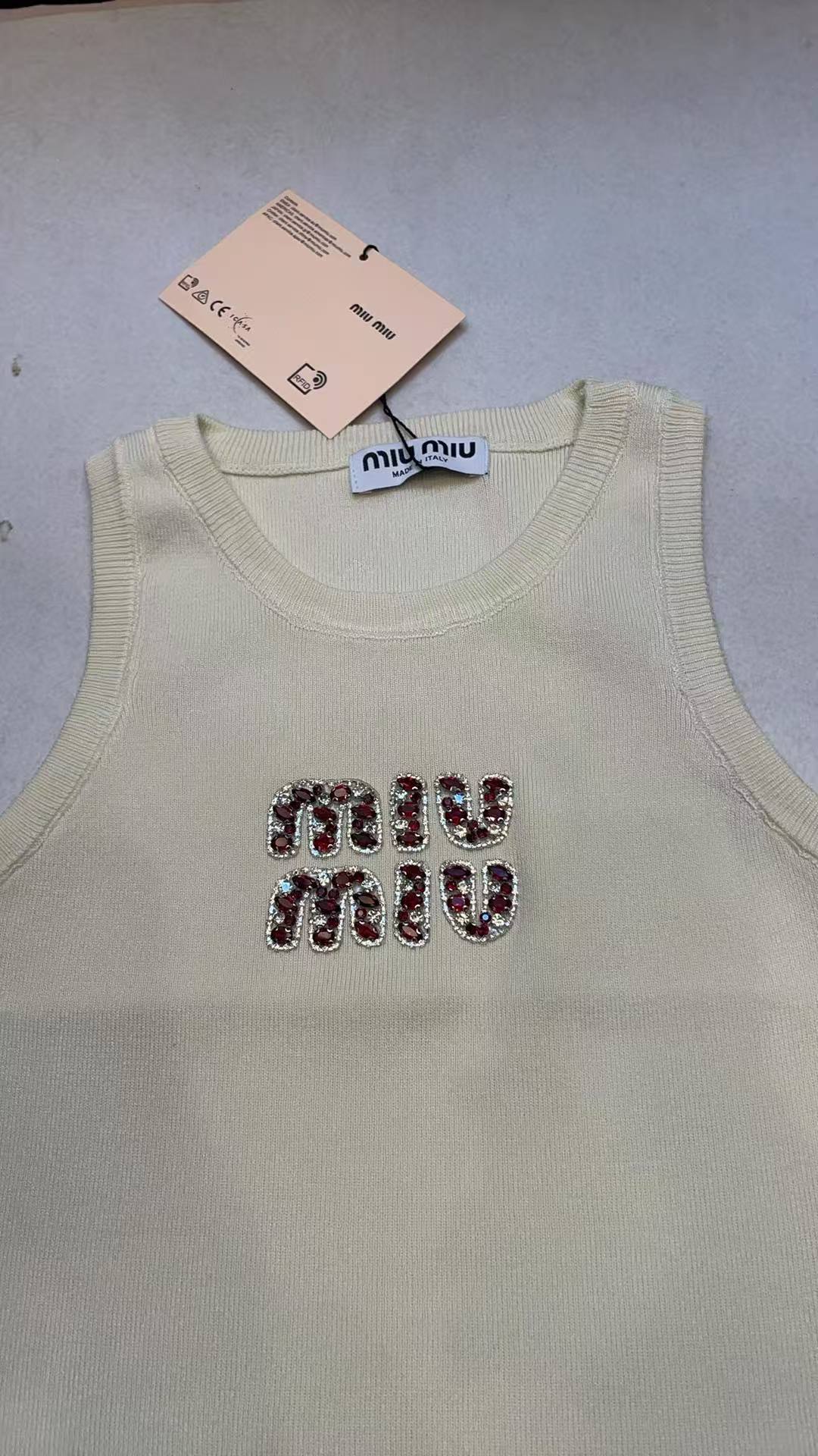 Miu Miu White Ribbed Tank Top with Res Crysta