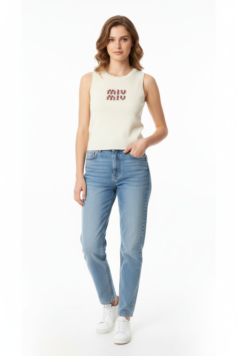 Miu Miu White Ribbed Tank Top with Res Crysta