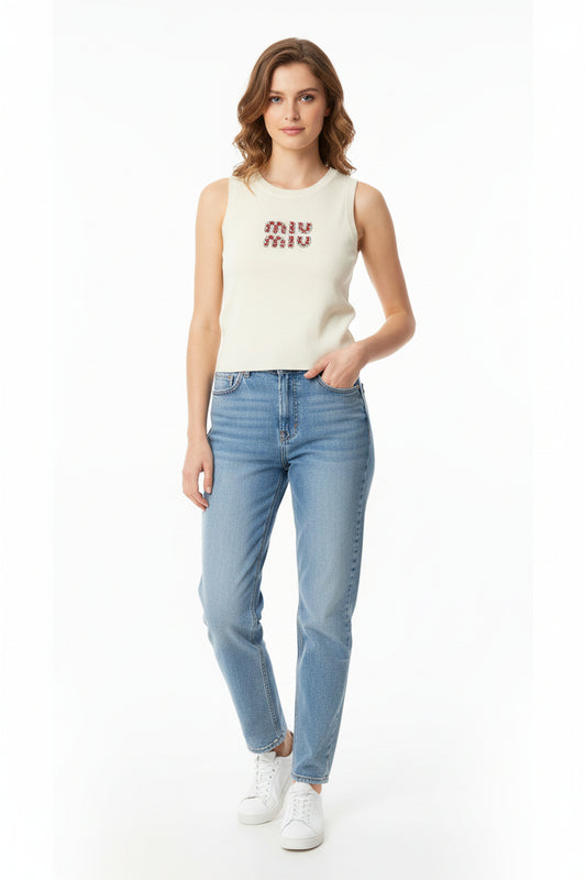 Miu Miu White Ribbed Tank Top with Res Crysta