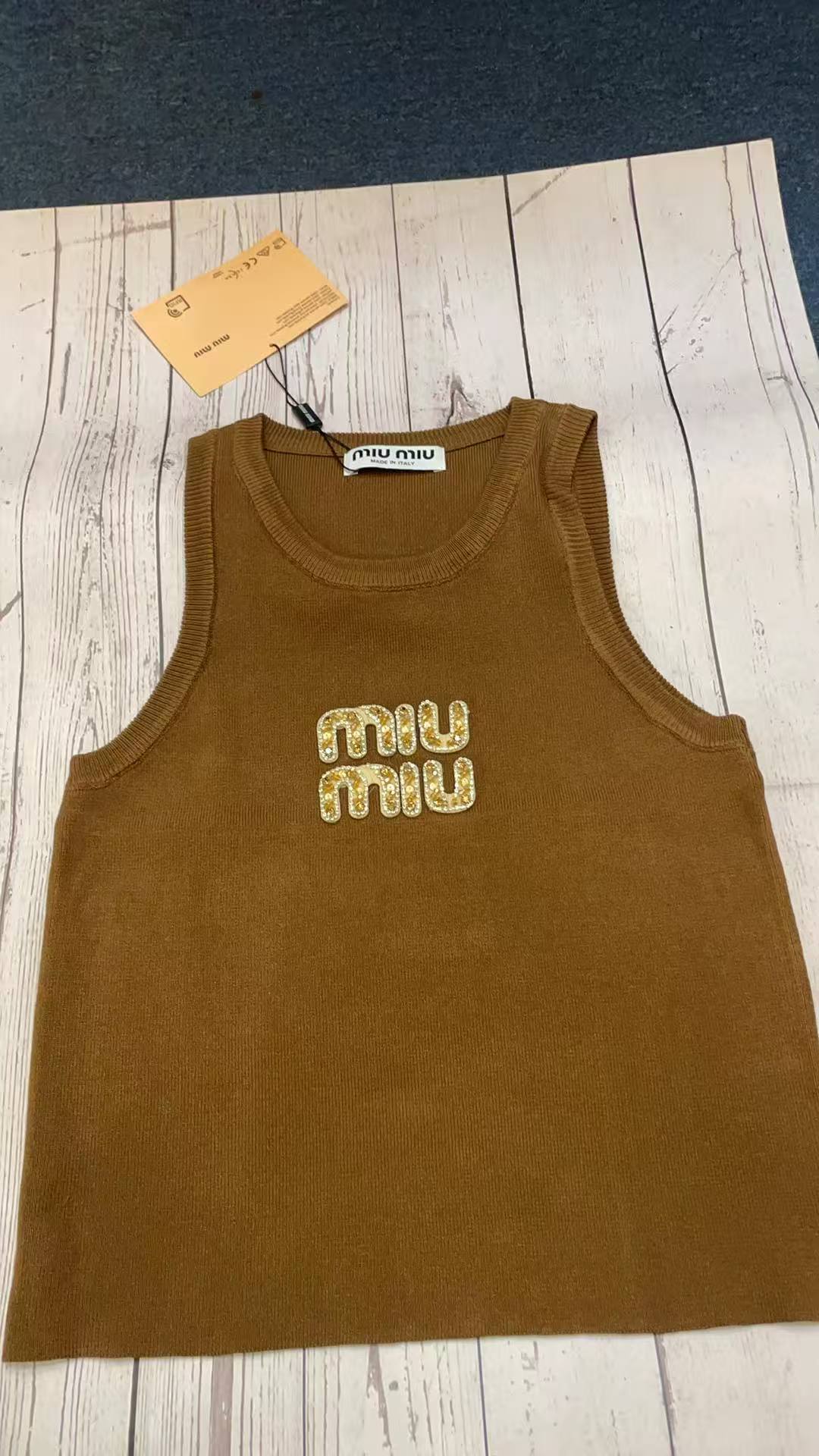 Miu Miu White Ribbed Tank Top with Brown Crysta