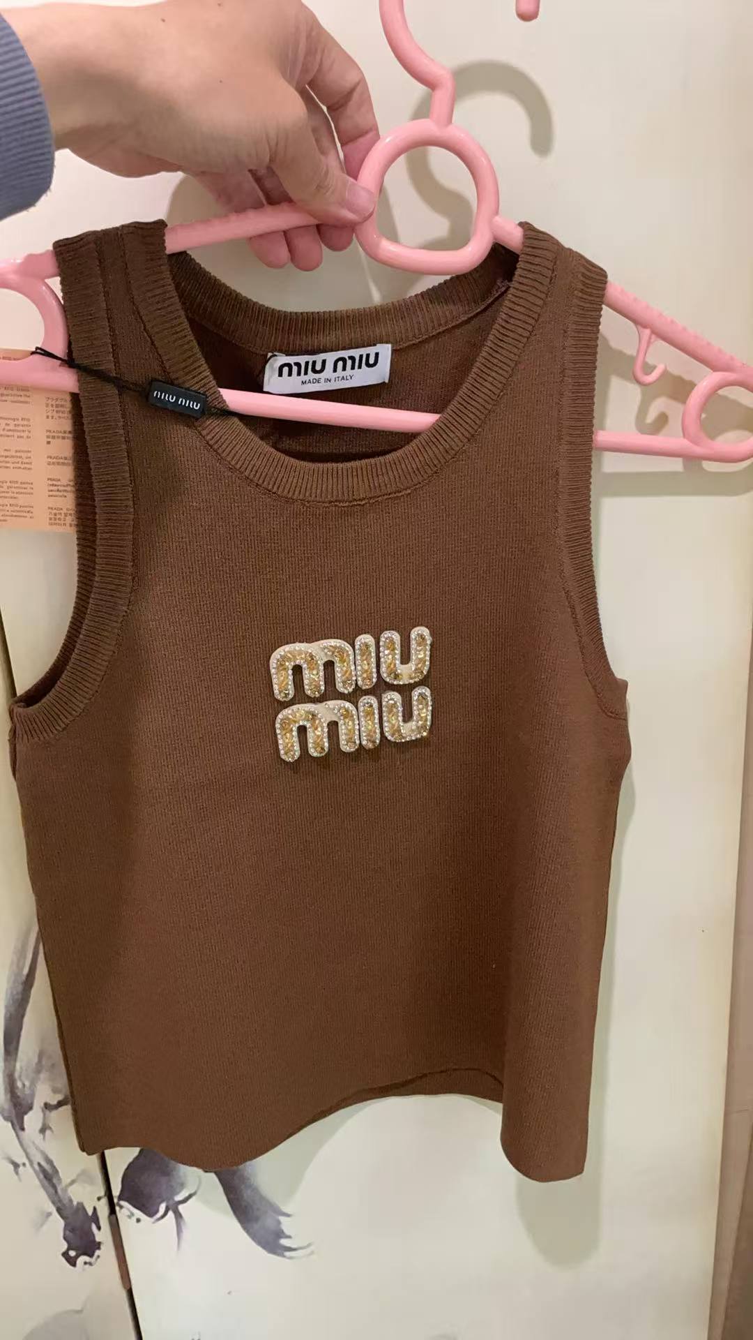 Miu Miu White Ribbed Tank Top with Brown Crysta