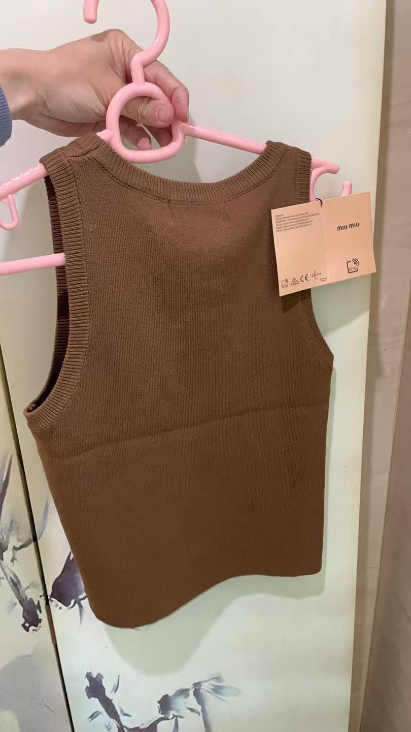 Miu Miu White Ribbed Tank Top with Brown Crysta