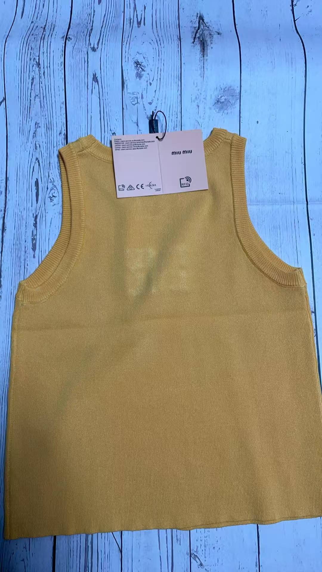 Miu Miu White Ribbed Tank Top with Yellow  Crysta
